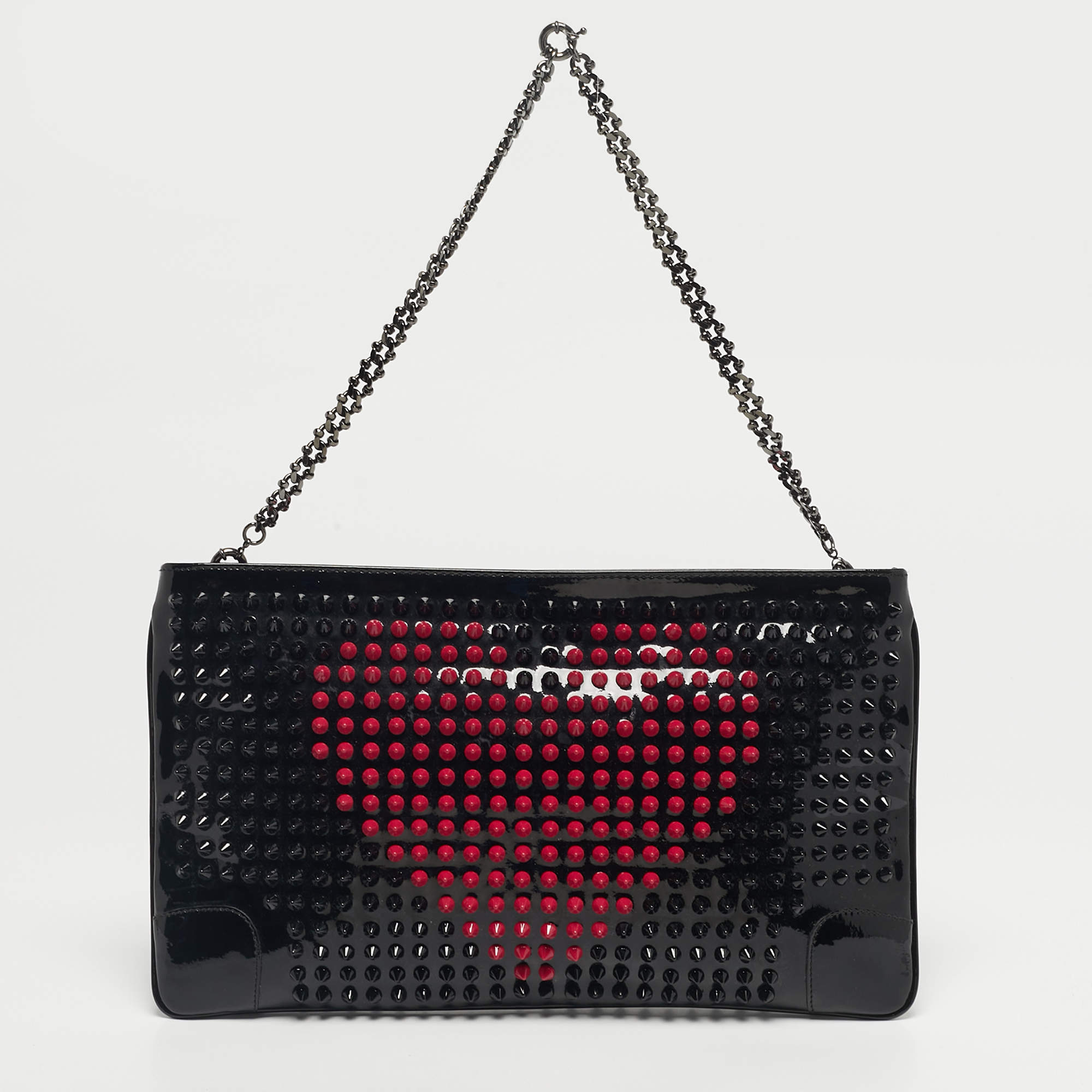 Pre Owned Christian Louboutin Black/Red Patent Leather Loubiposh Valentine Spike Chain Clutch