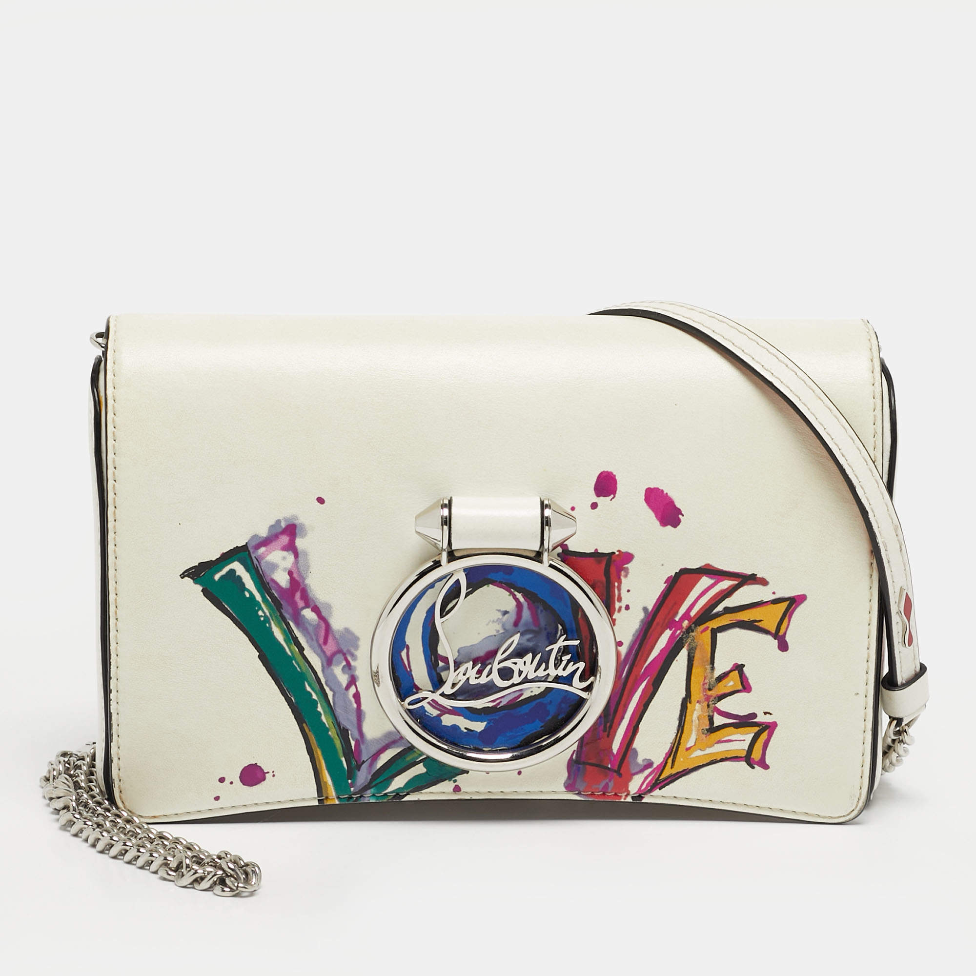 Pre Owned Christian Louboutin White Leather Rubylou Love Flap Shoulder Bag
