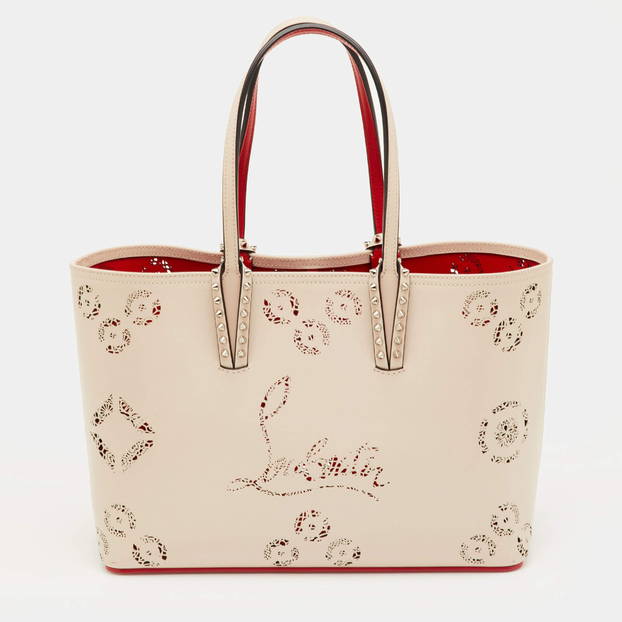 Pre Owned Christian Louboutin Cabata Small Beige Perforated Leather Spikes Shopper Tote