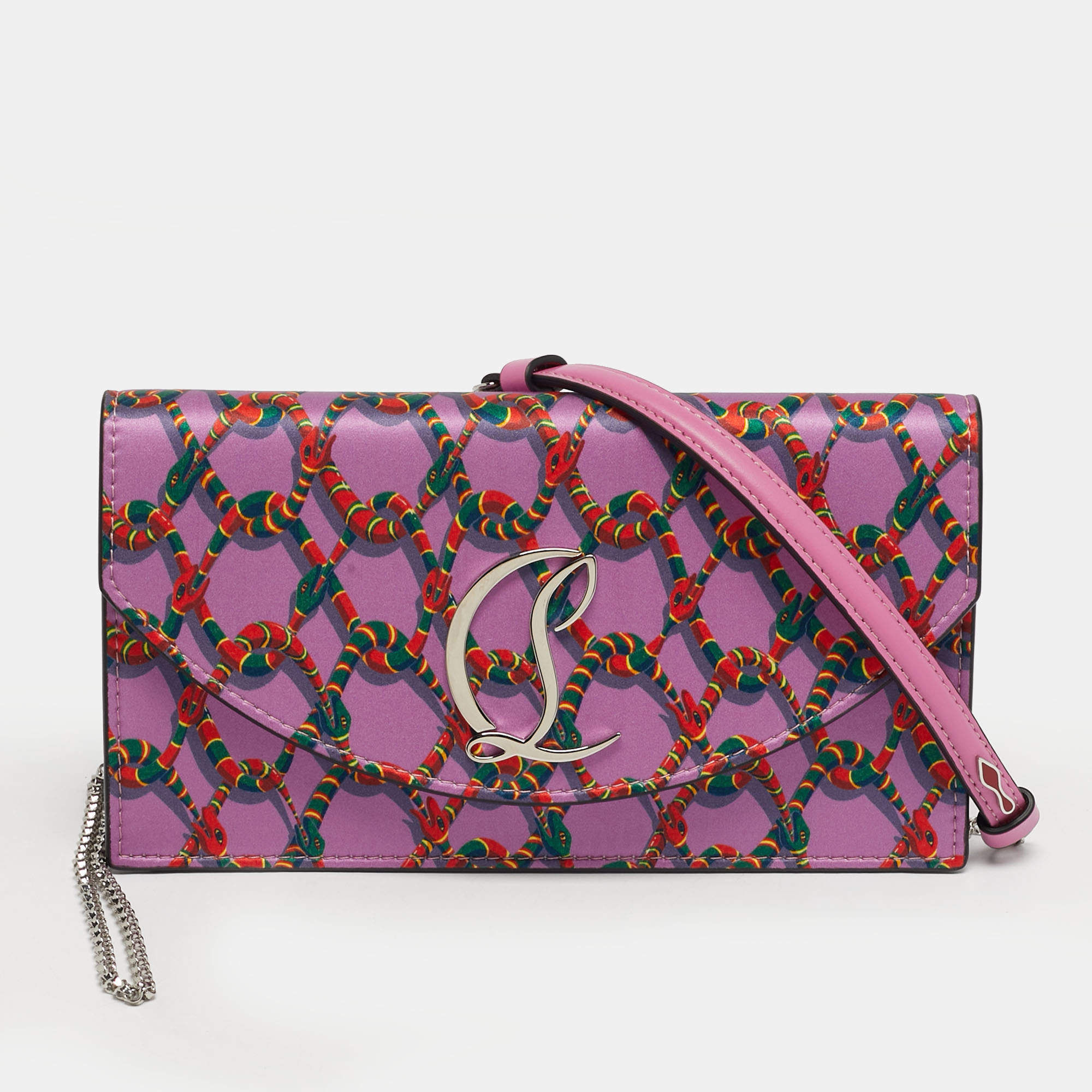Pre Owned Christian Louboutin Loubi54 Purple Snake Print Satin Clutch Bag