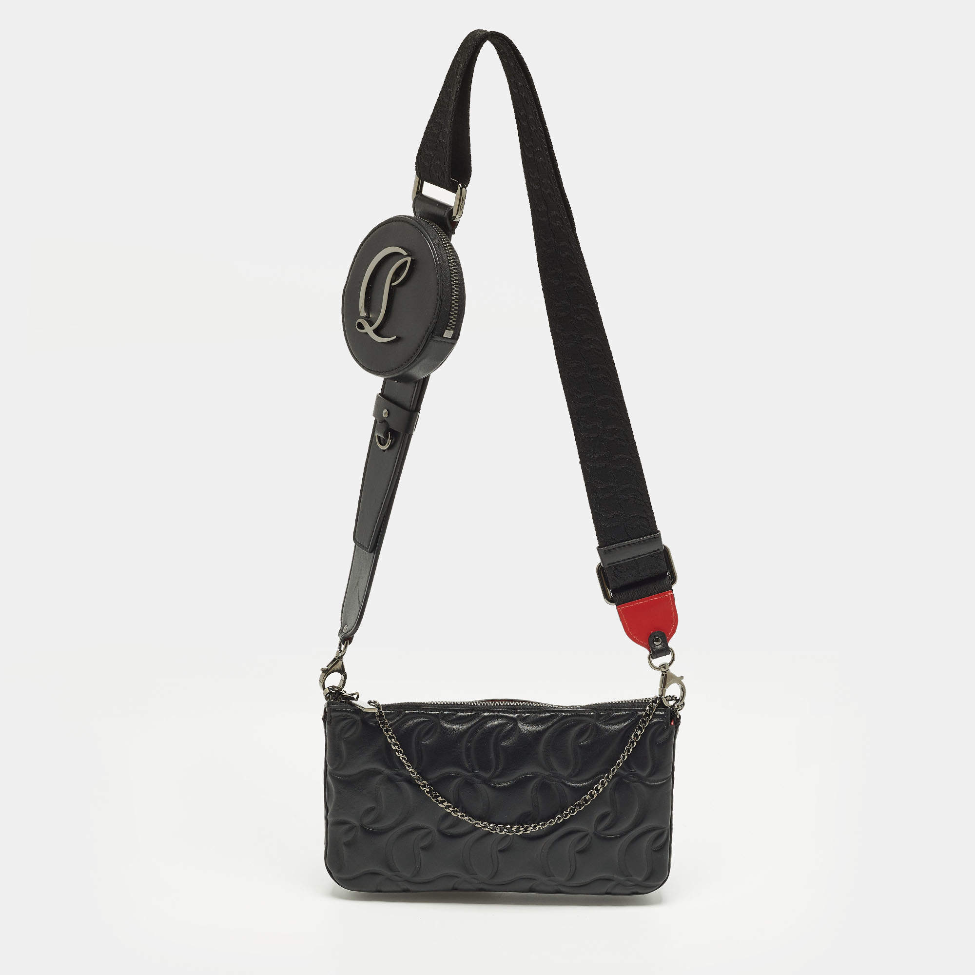 Pre Owned Christian Louboutin Loubila Black Signature Embossed Leather Shoulder Bag
