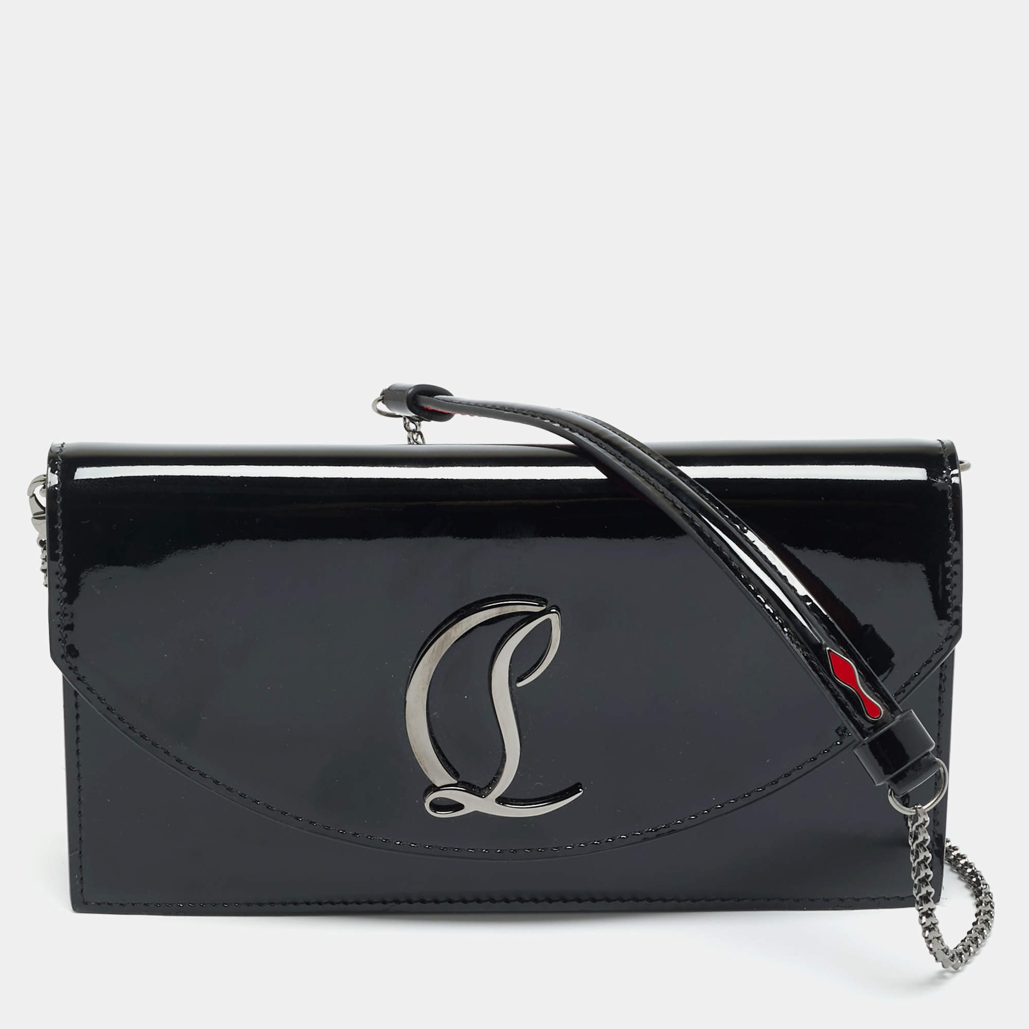مملوكة مسبقًا Christian Louboutin Loubi54 Black Patent Leather Wallet On Chain