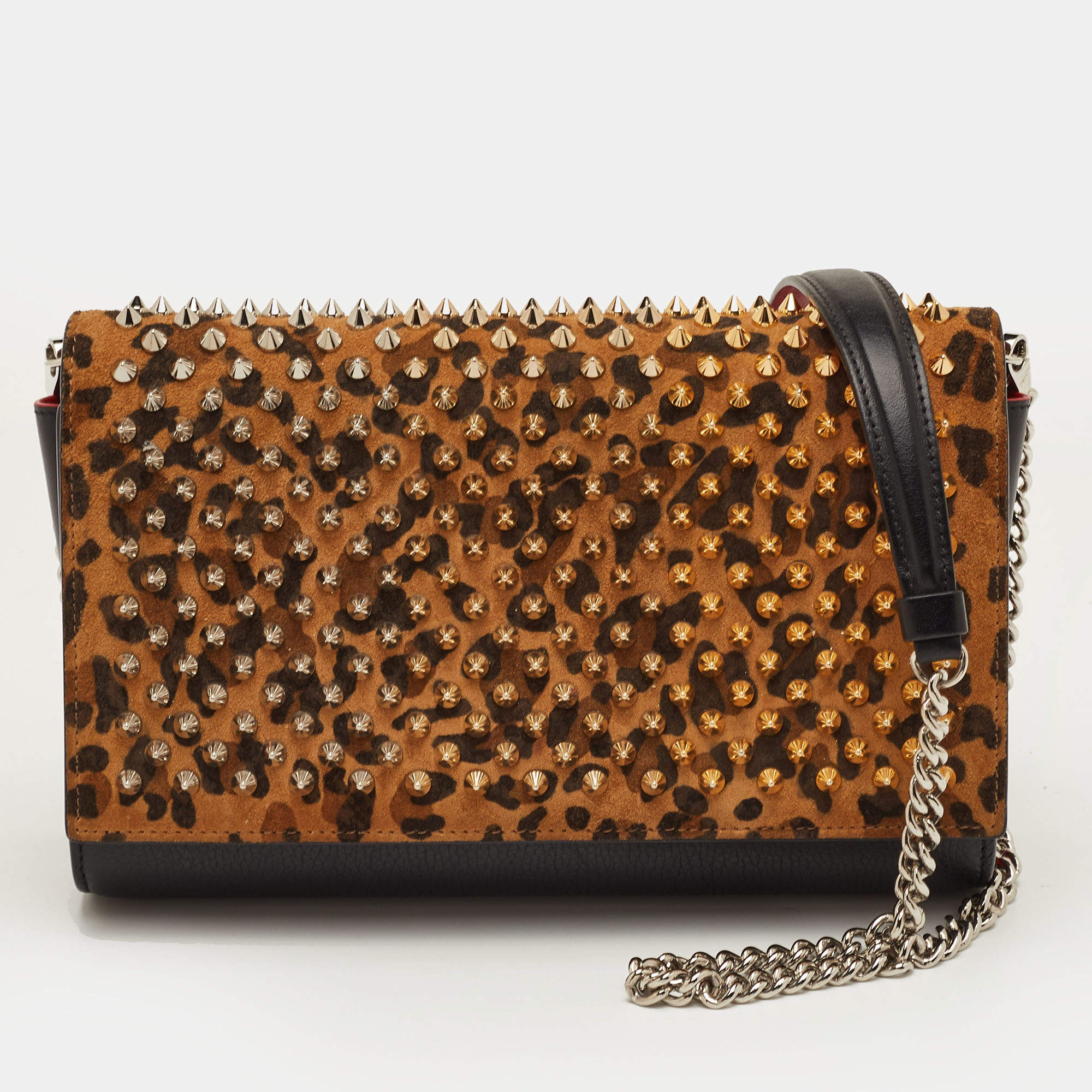 مملوكة مسبقًا حقيبة كلتش كريستيان لوبوتان بالوما جلد وطباعة ليوبارد بنية وسوداء سلسلة