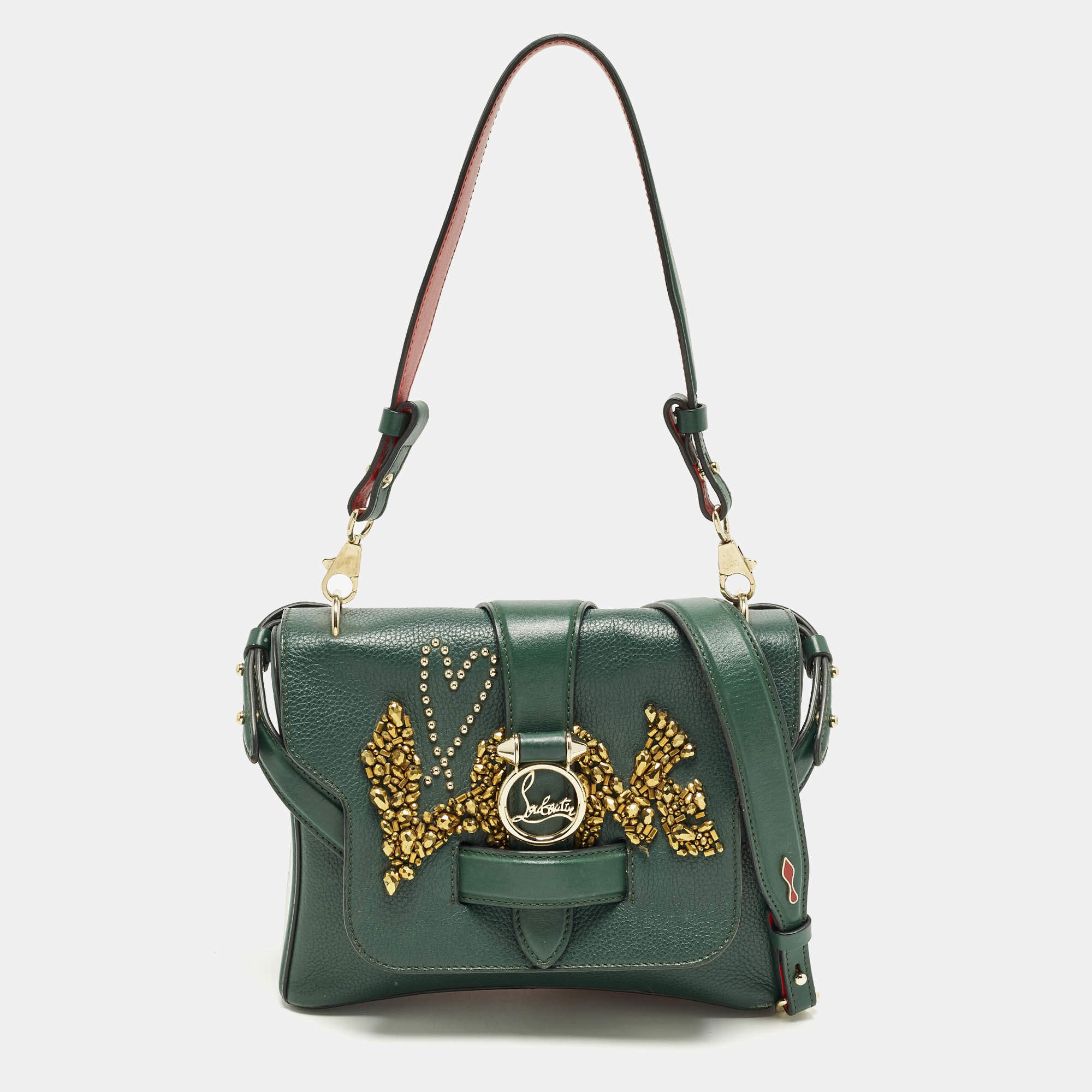 Pre Owned Christian Louboutin Rubylou Crystals Green Leather Flap Bag