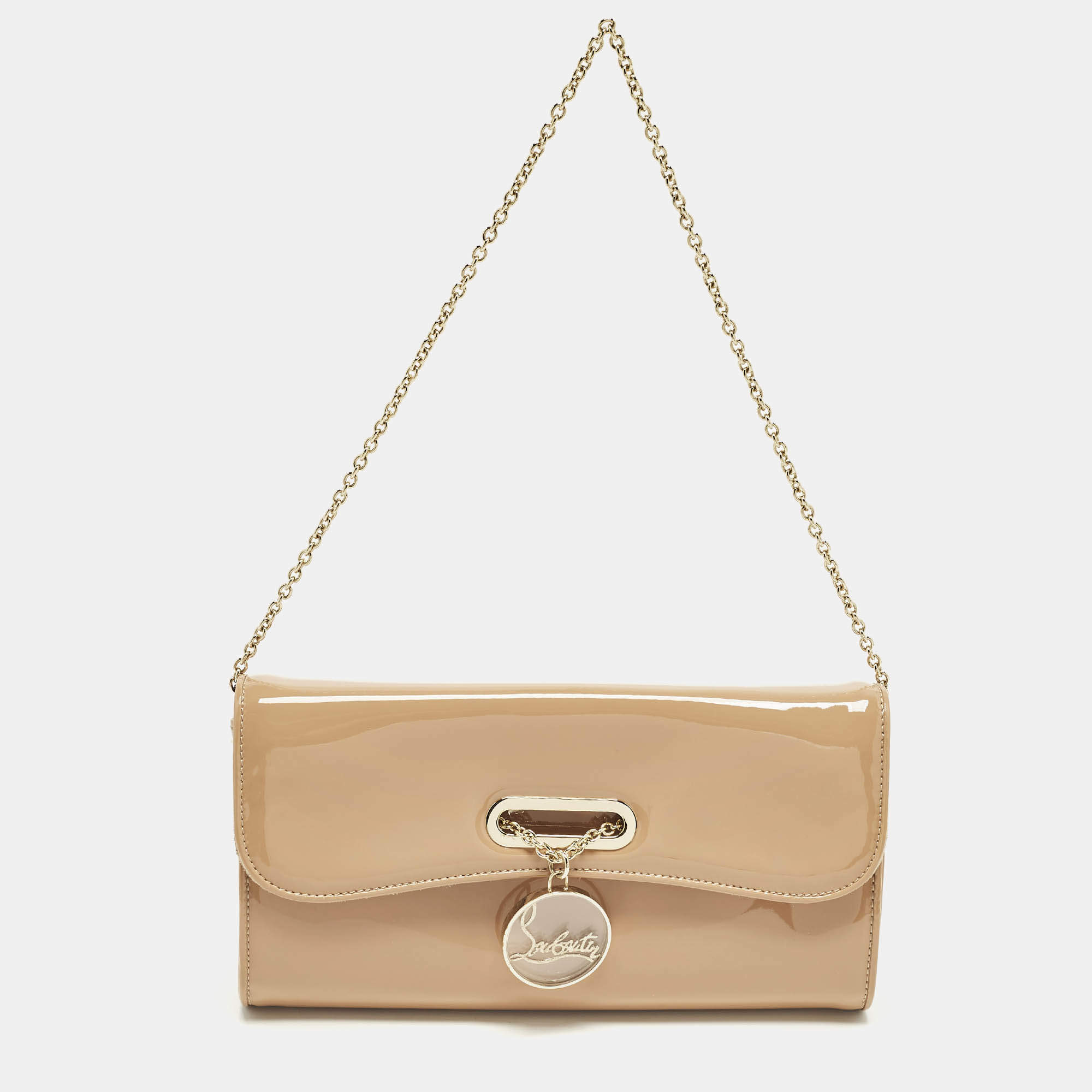 Pre Owned Christian Louboutin Riviera Beige Patent Leather Chain Clutch