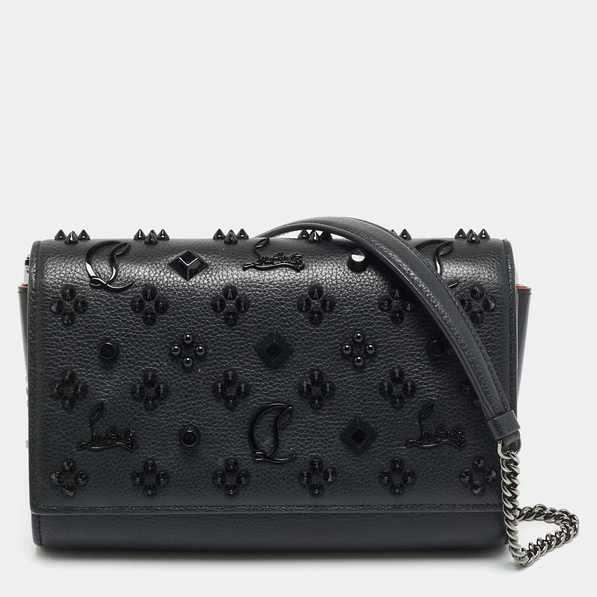 مملوكة مسبقًا Christian Louboutin Paloma Embellished Black Patent and Leather Chain Clutch