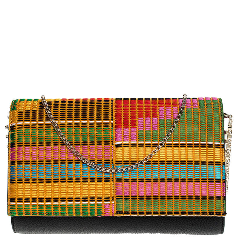 Christian Louboutin Black/Multicolor Leather and Embroidered Fabric Paloma Chain Clutch