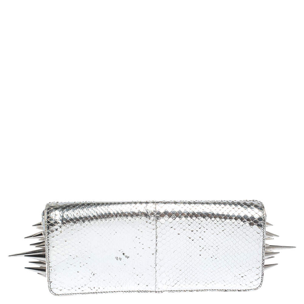 Christian Louboutin Metallic Silver Snakeskin Effect Leather Marquise Spiked Clutch