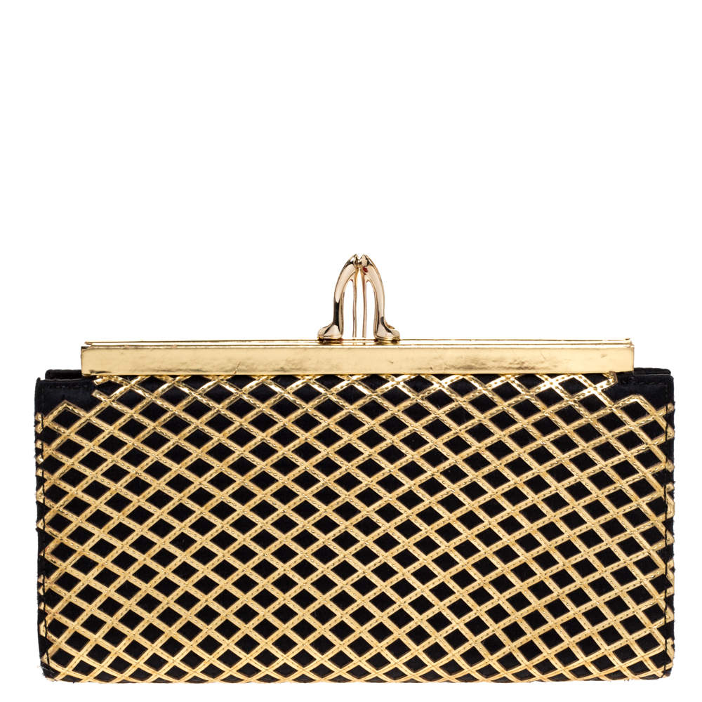 مملوكة مسبقًا Christian Louboutin Gold/Black Patent Leather and Satin Pave Clutch