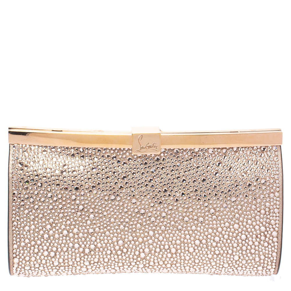 Pre Owned حقيبة كلتش كريستيان لوبوتان بالميت زخرفة كريستال جلد ذهبية وردية ميتالك 