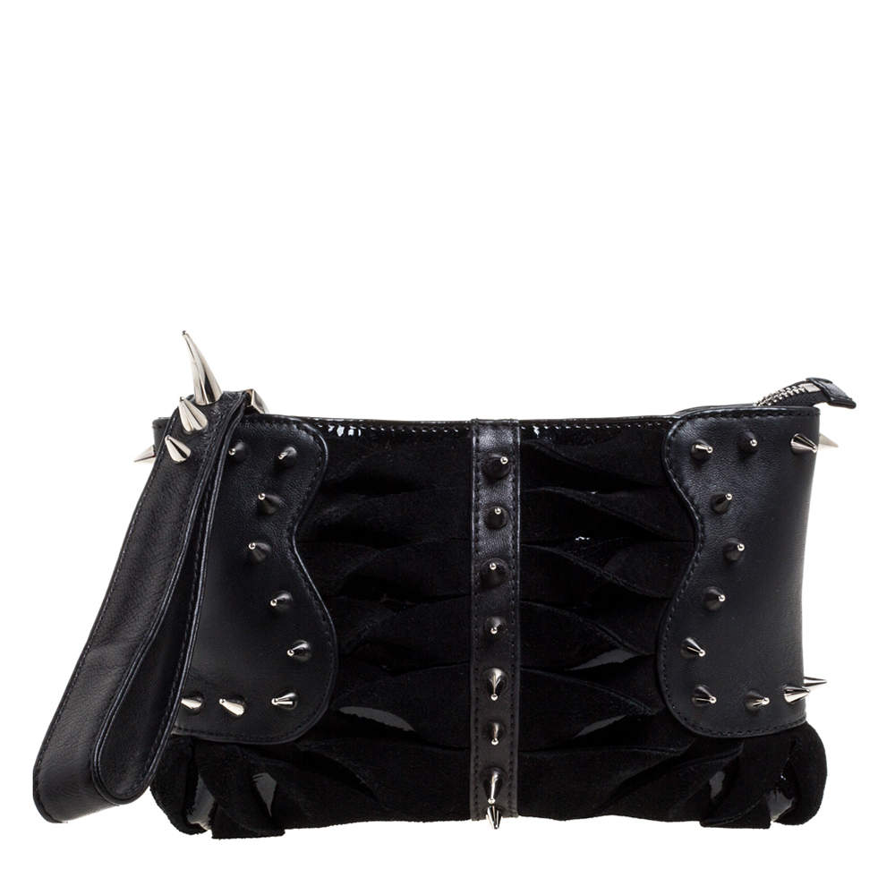 Christian Louboutin Black Suede and Leather Spiked Wristlet Clutch