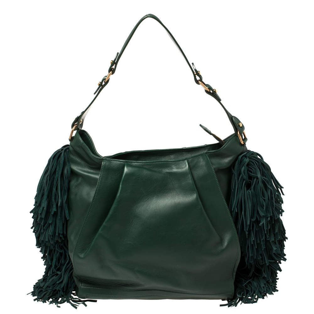 Pre Owned Christian Louboutin Green Leather and Suede Justine Fringed Hobo