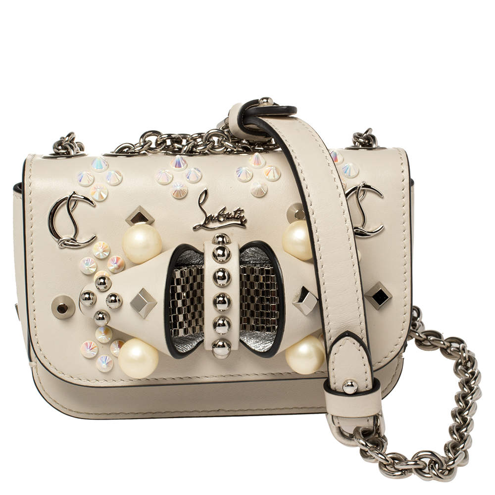 Pre Owned Christian Louboutin Ivory Leather Mini Sweet Charity Pearl Crossbody Bag