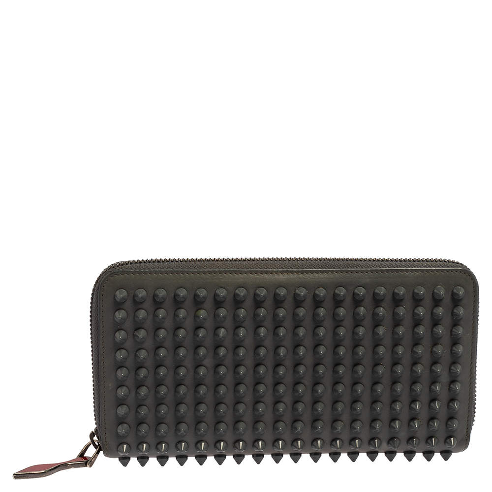 Christian Louboutin Grey Leather Spikes Panettone Zip Around Wallet