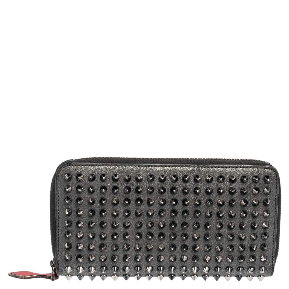 Pre Owned Christian Louboutin Grey Leather Spikes Panettone Zip Around Wallet