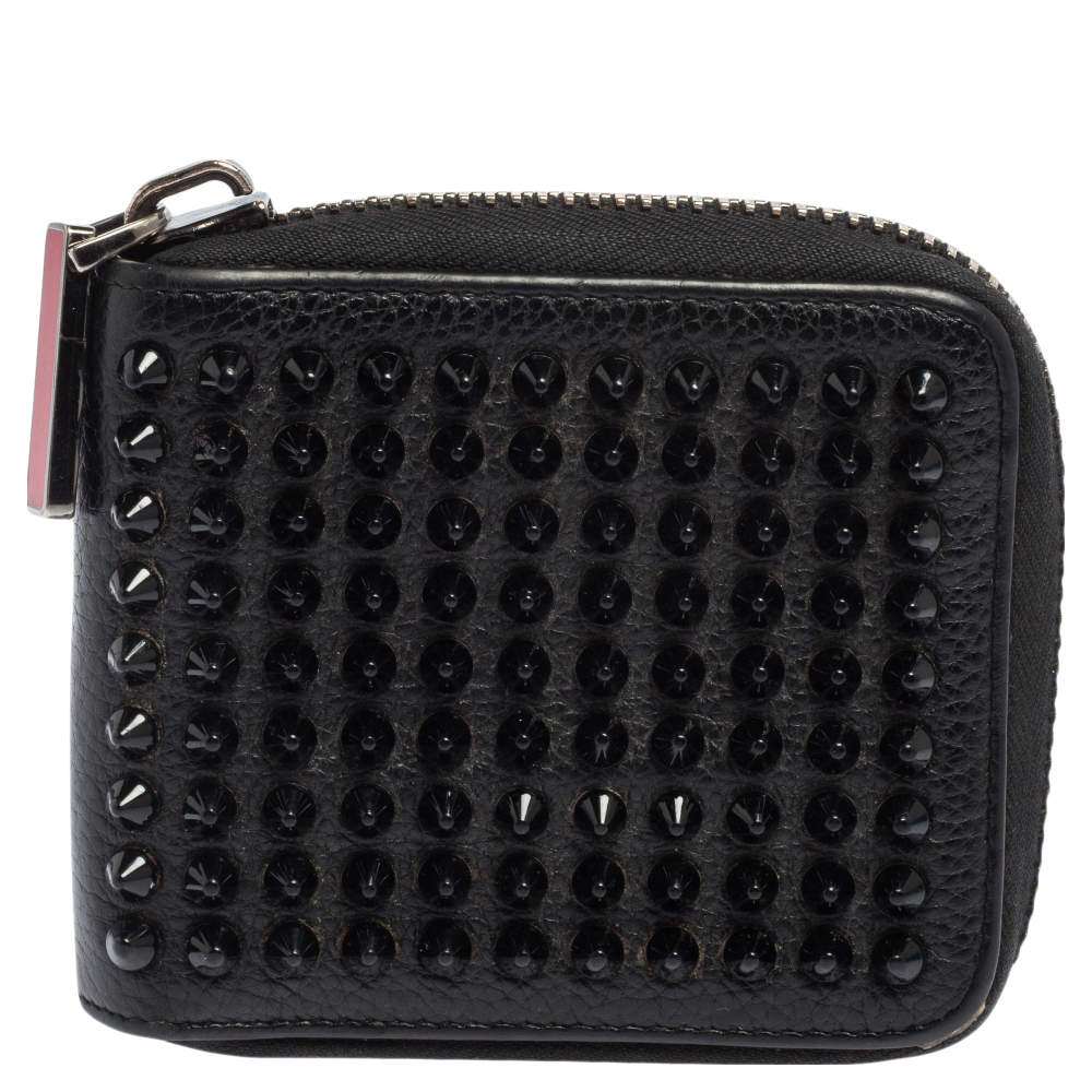 Pre Owned Christian Louboutin Black Leather Spiked Zip Around Wallet