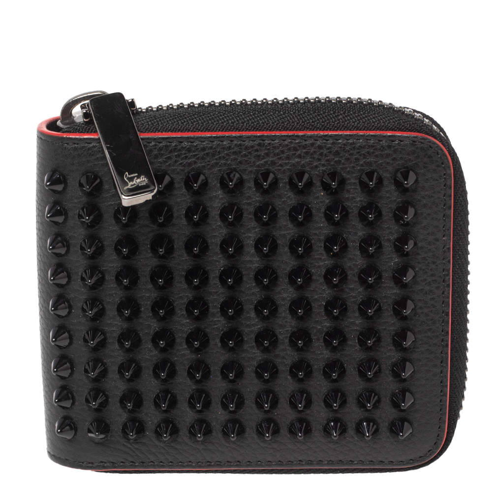 Pre Owned Christian Louboutin Black Leather Spiked Zip Around Wallet