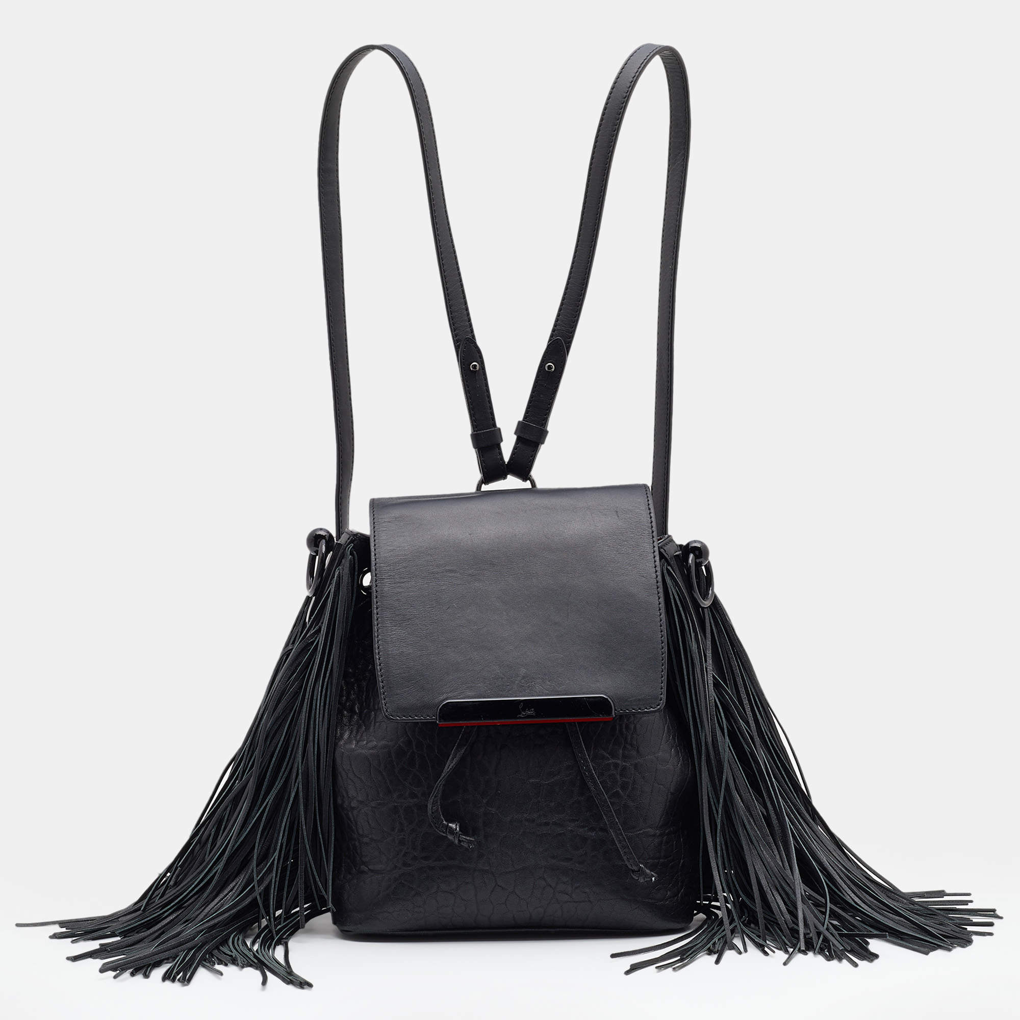 CHRISTIAN LOUBOUTIN Black Pebbled Leather Fringe Lucky L Backpack - Fi