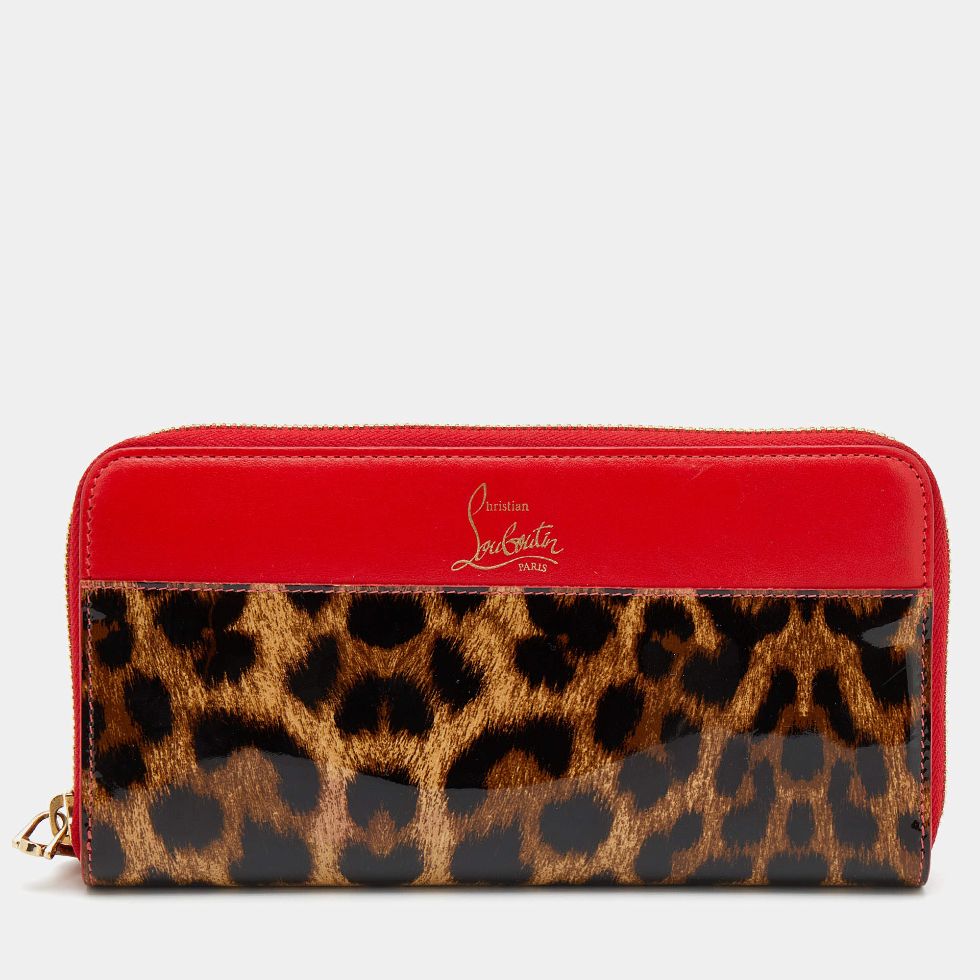 Christian Louboutin Red/Brown leather and Leopard Print Patent Leather Zip Around Wallet