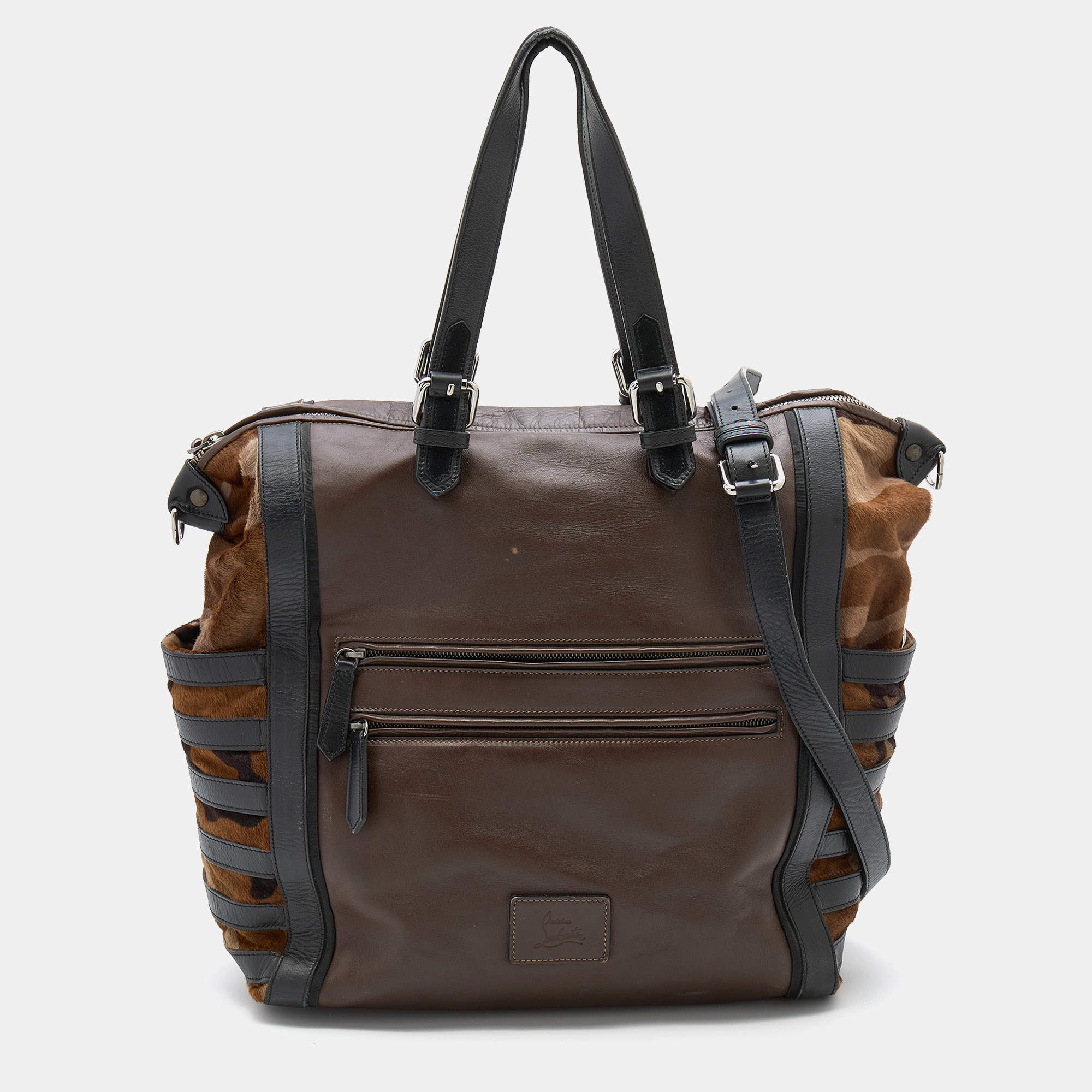 Pre Owned Christian Louboutin Multicolor Calf Hair and Leather Top Zip Tote