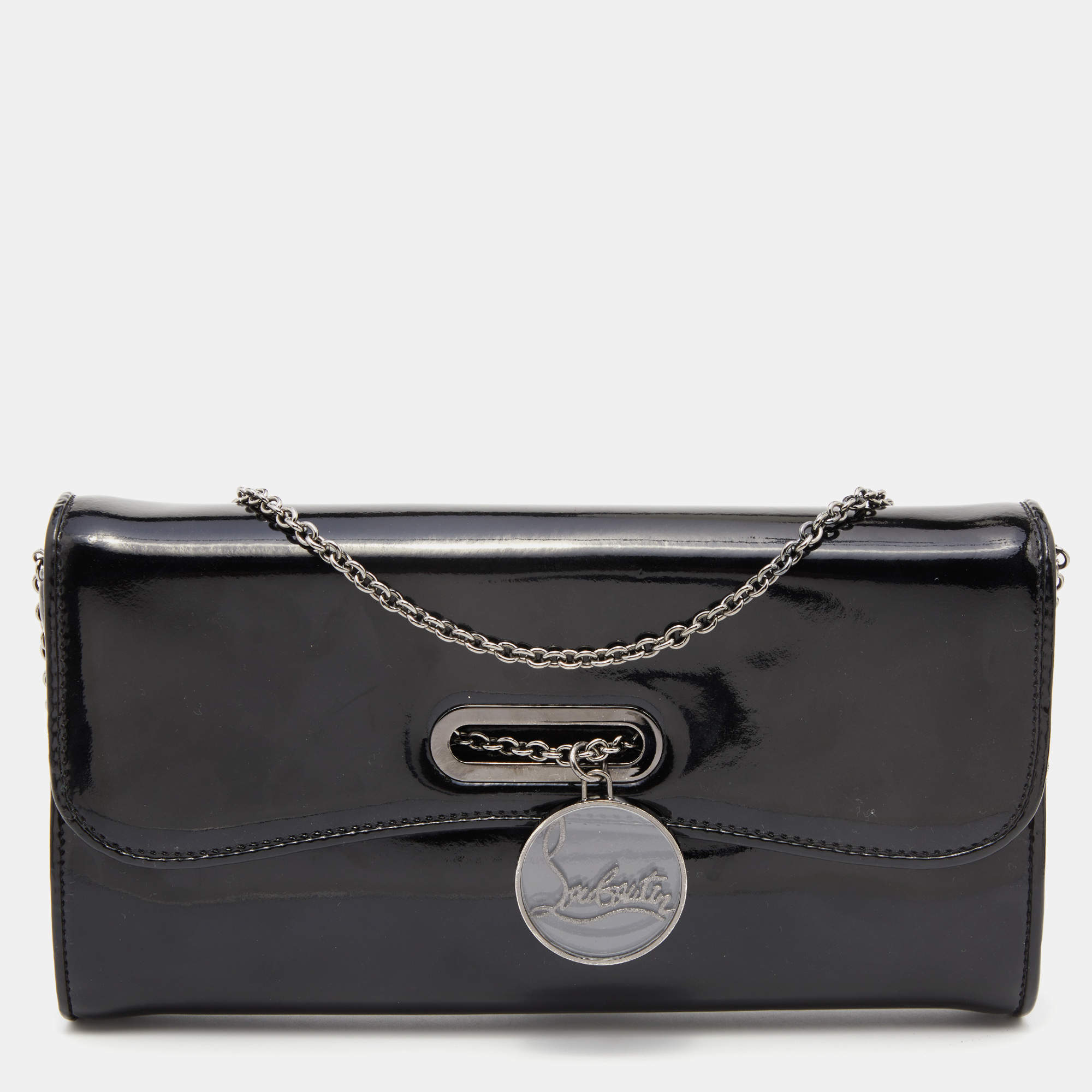 Christian Louboutin Black Patent Leather Riviera Flap Clutch