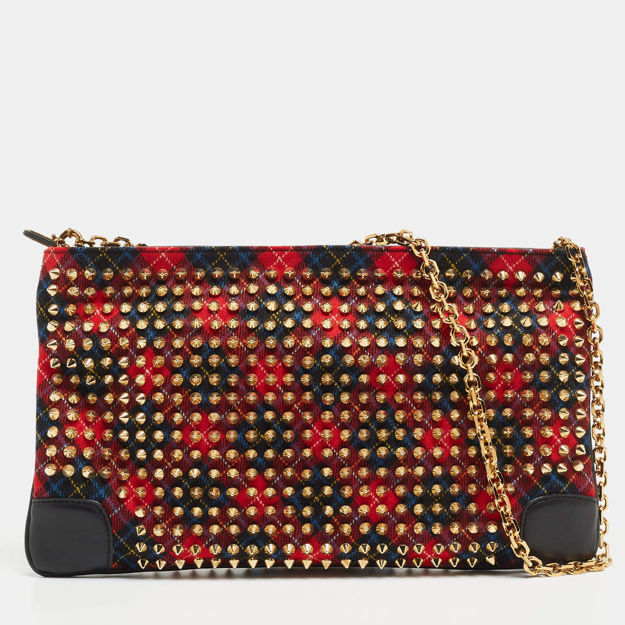 Christian Louboutin Multicolor Wool and Leather Loubiposh Spiked Chain Clutch
