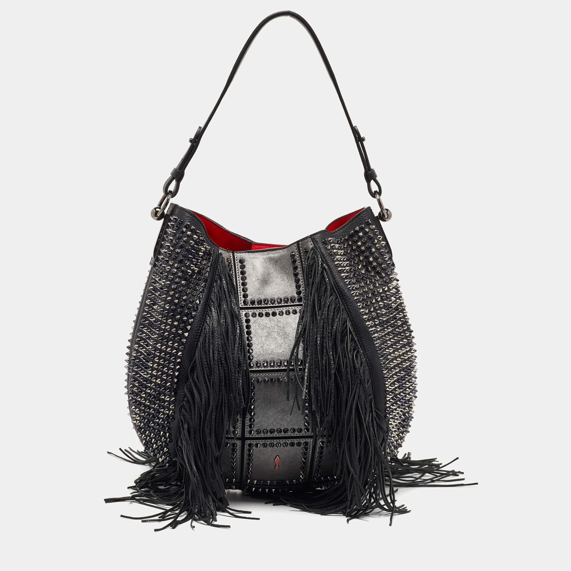 Pre Owned Christian Louboutin Black Spiked Leather Lucky L Fringe Hobo