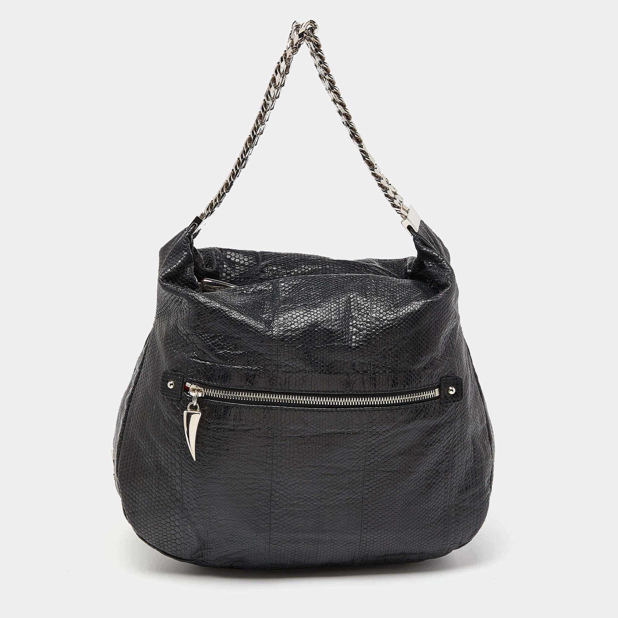 Pre Owned Christian Louboutin Black Snakeskin Embossed Leather Hobo
