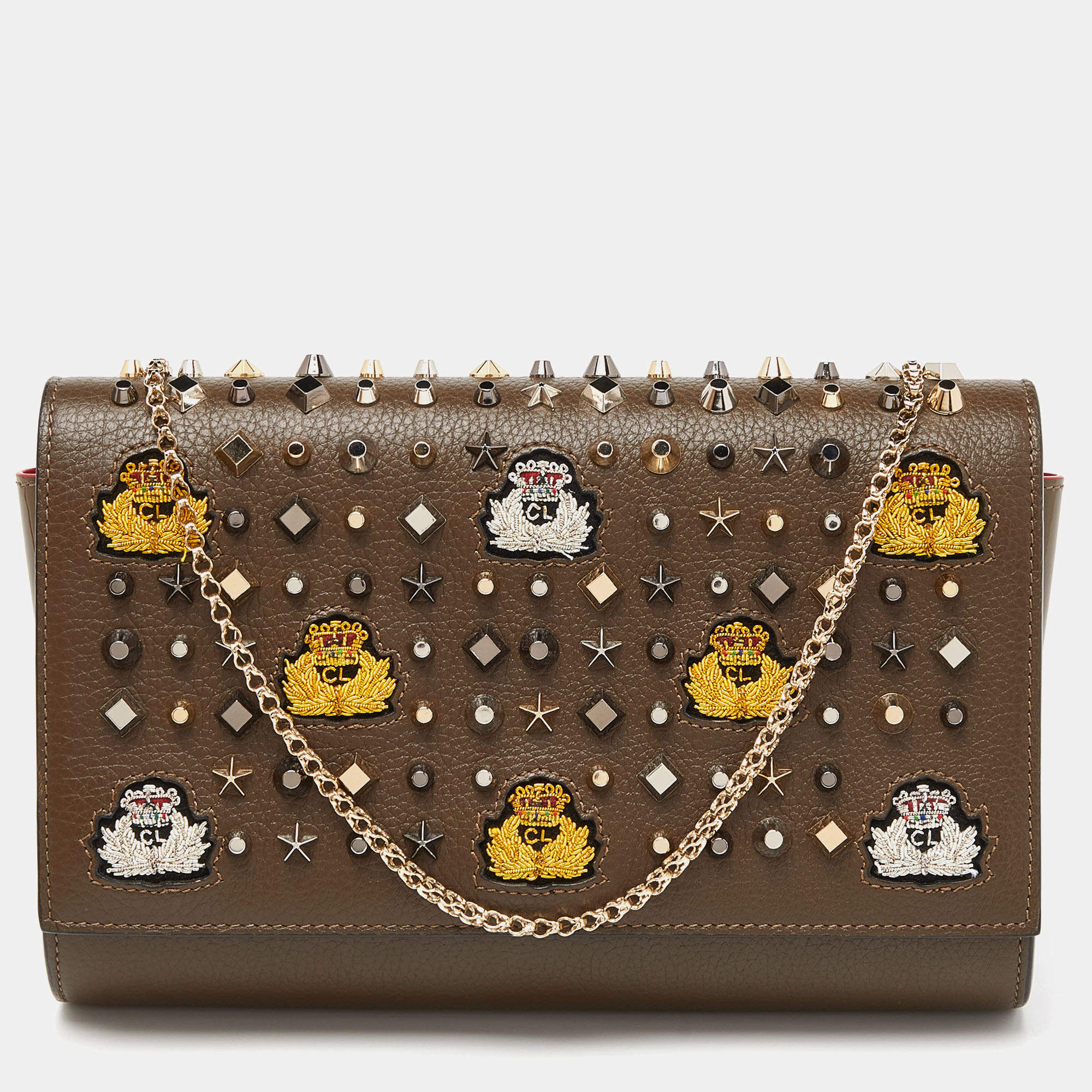 Christian Louboutin Olive Patent and Leather Paloma Embellished Chain Clutch