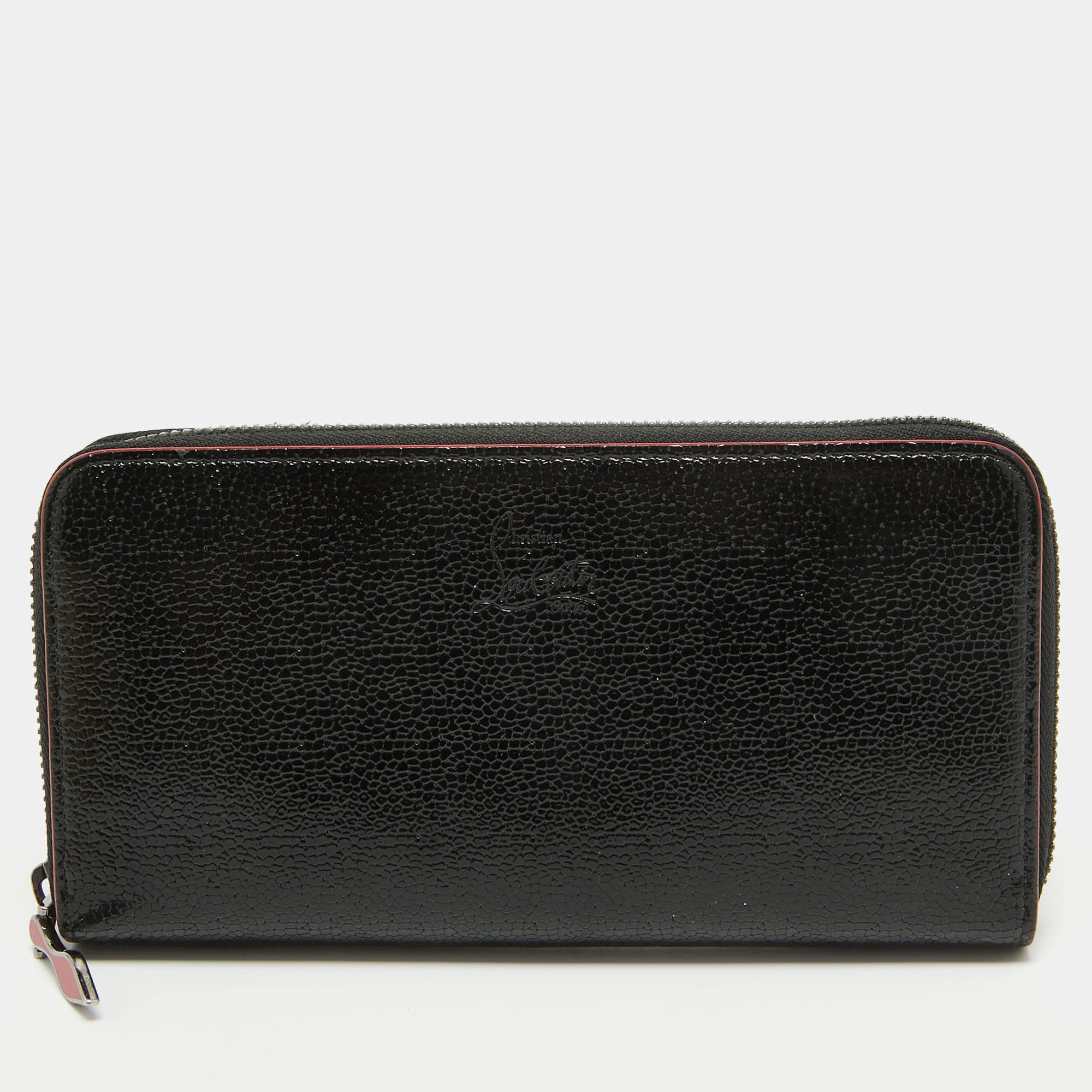 Christian Louboutin Black Crackled Patent Leather Zip Around Continental Wallet