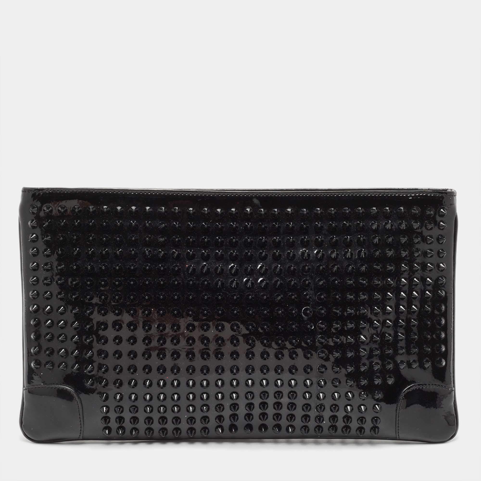 Pre Owned Christian Louboutin Black Patent Leather Loubiposh Spike Clutch