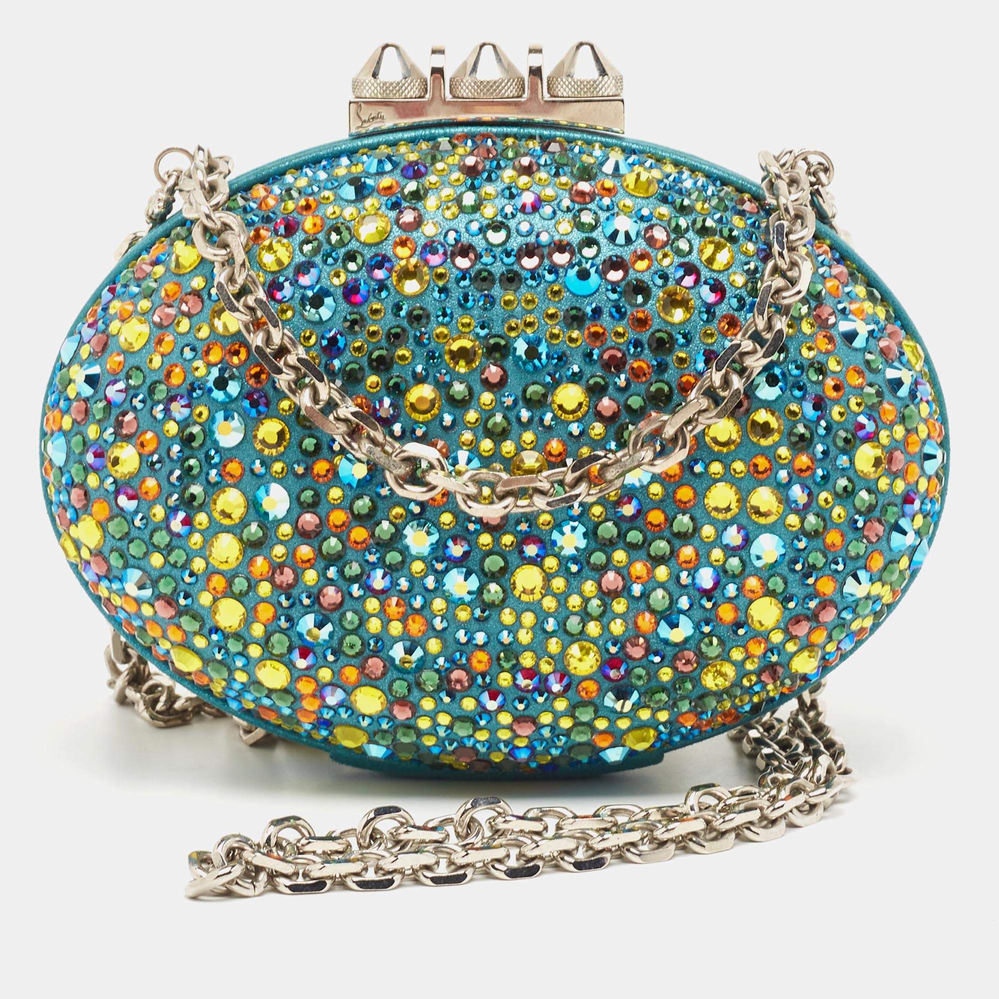 Christian Louboutin Teal Suede Crystals Embellished Mina Chain Clutch