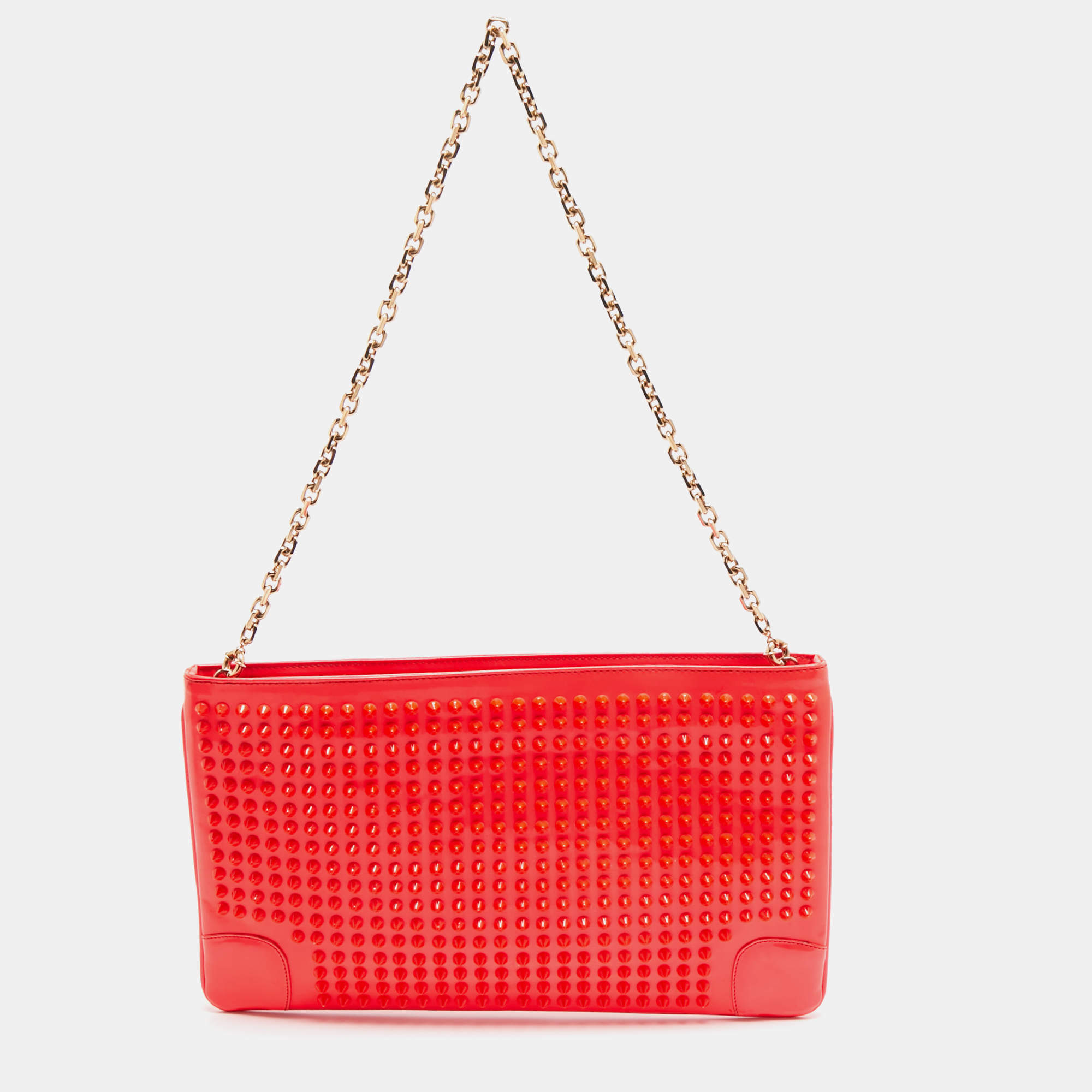 Pre Owned Christian Louboutin Neon Coral Orange Patent Leather Loubiposh Spike Chain Clutch