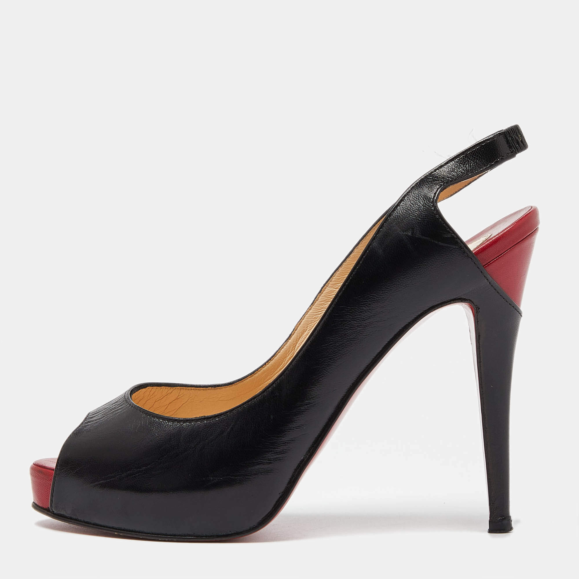 Pre Owned Christian Louboutin Black Leather Private Number Platform Slingback Sandals Size 38