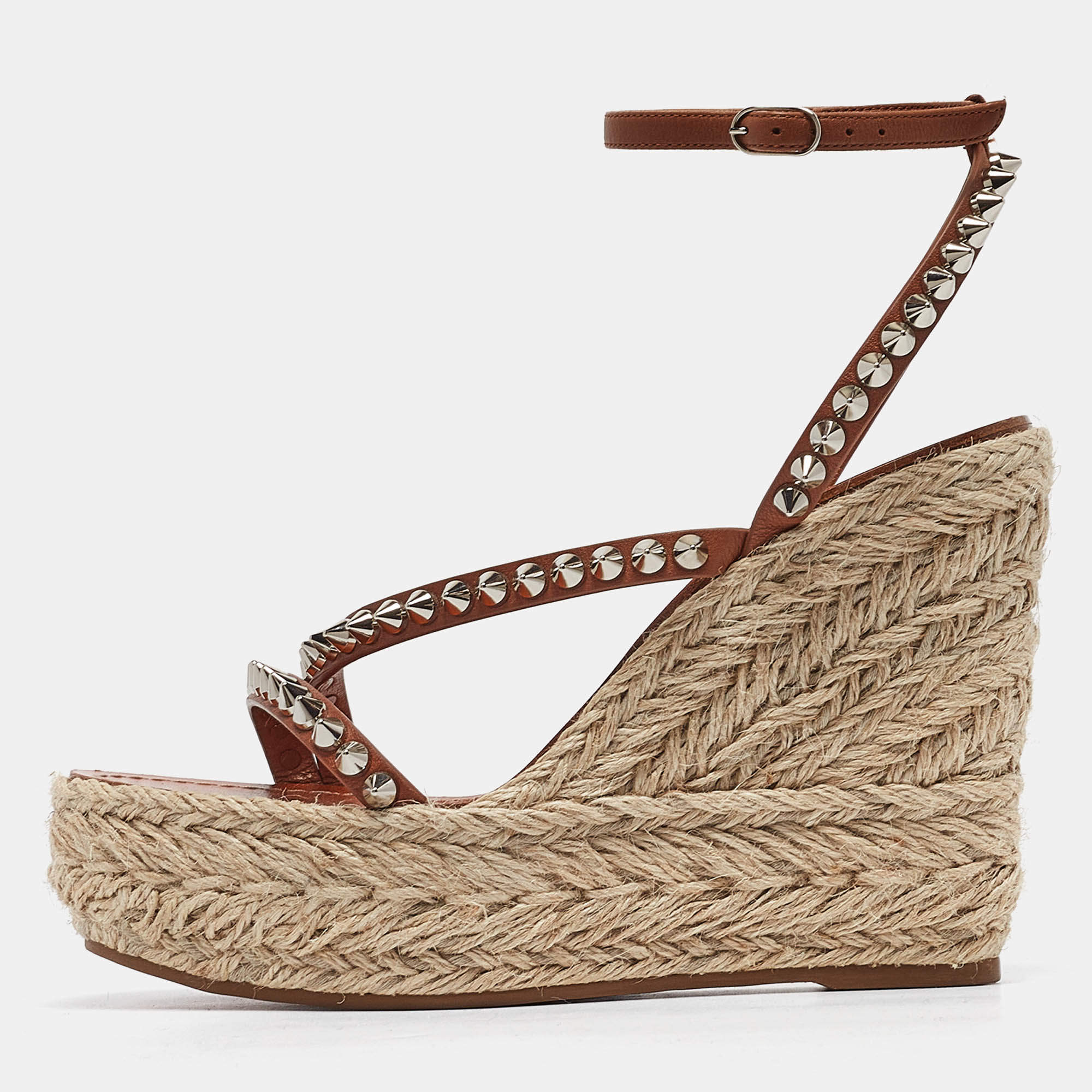 Christian Louboutin Brown Leather Mafaldina Espadrille Wedge Sandals Size 38