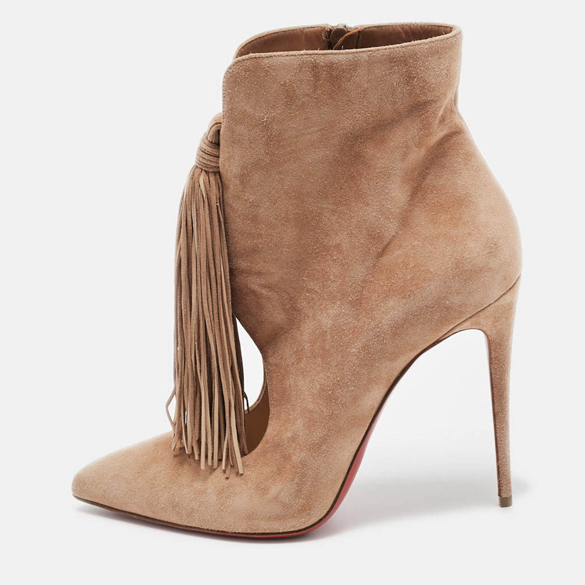 Pre Owned Christian Louboutin Brown Suede Fringe Ankle Boots Size 40