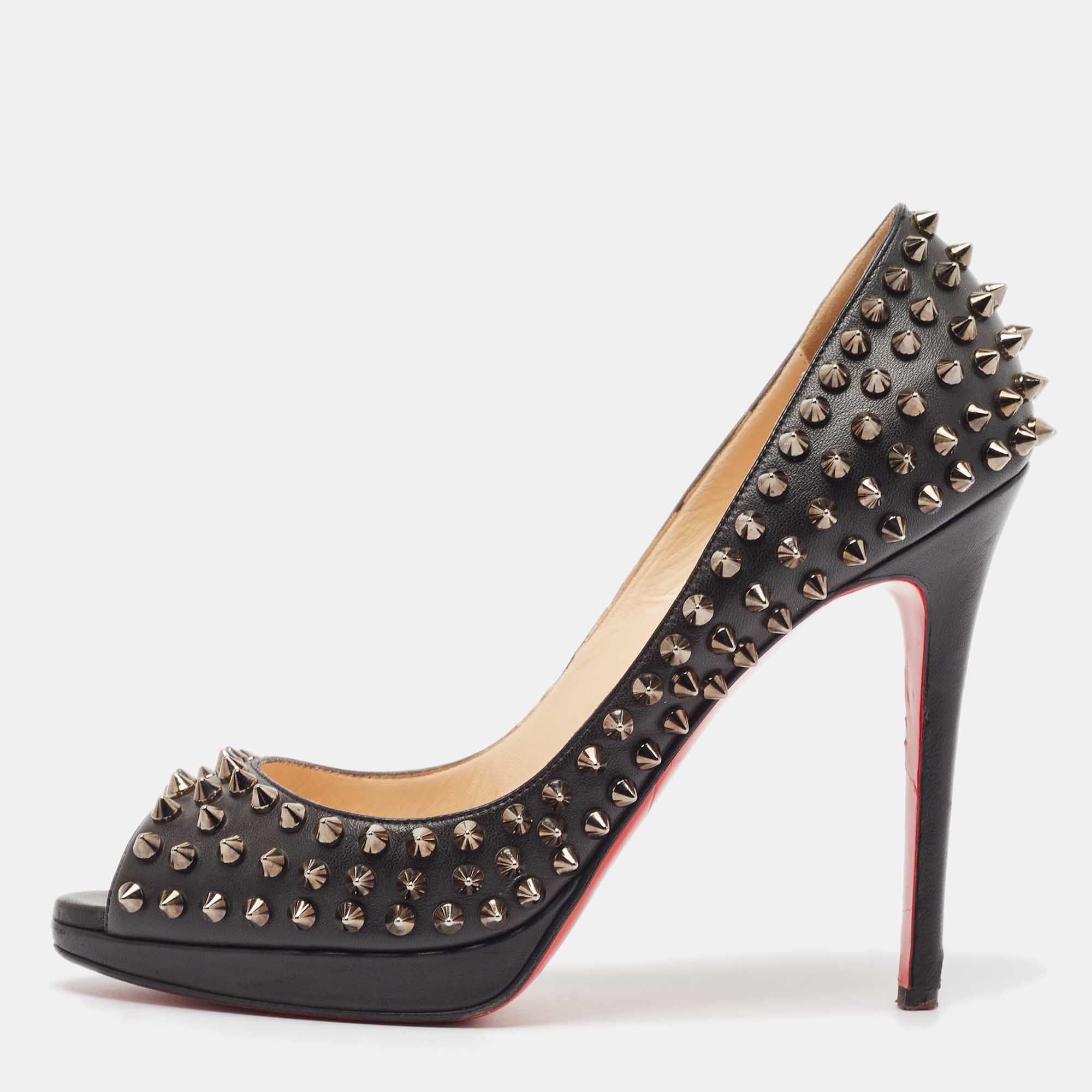 Pre Owned Christian Louboutin Black Leather Yolanda Spikes Pumps Size 38.5