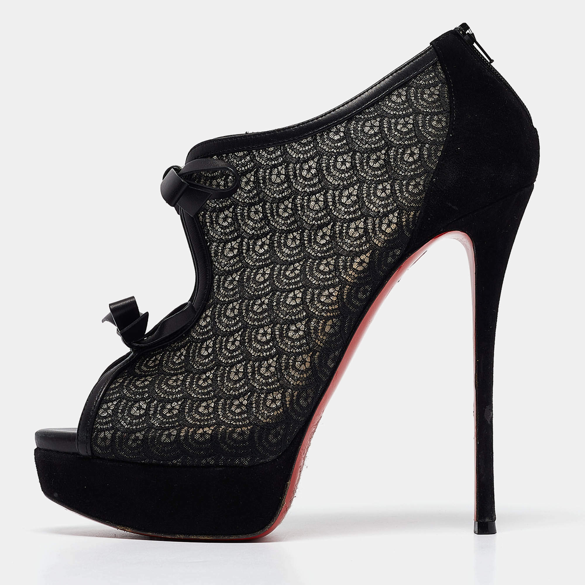 Pre Owned Christian Louboutin Black Lace and Suede Empiralta Booties Size 40