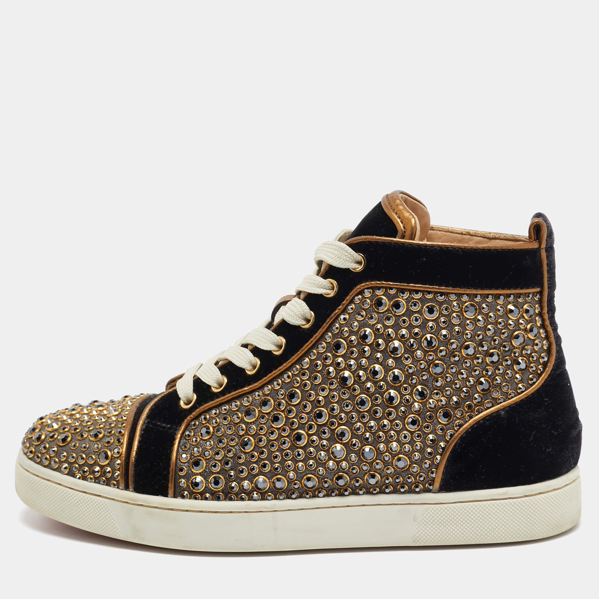 Christian Louboutin Black/Gold Velvet Studded Louis Sneakers Size 40