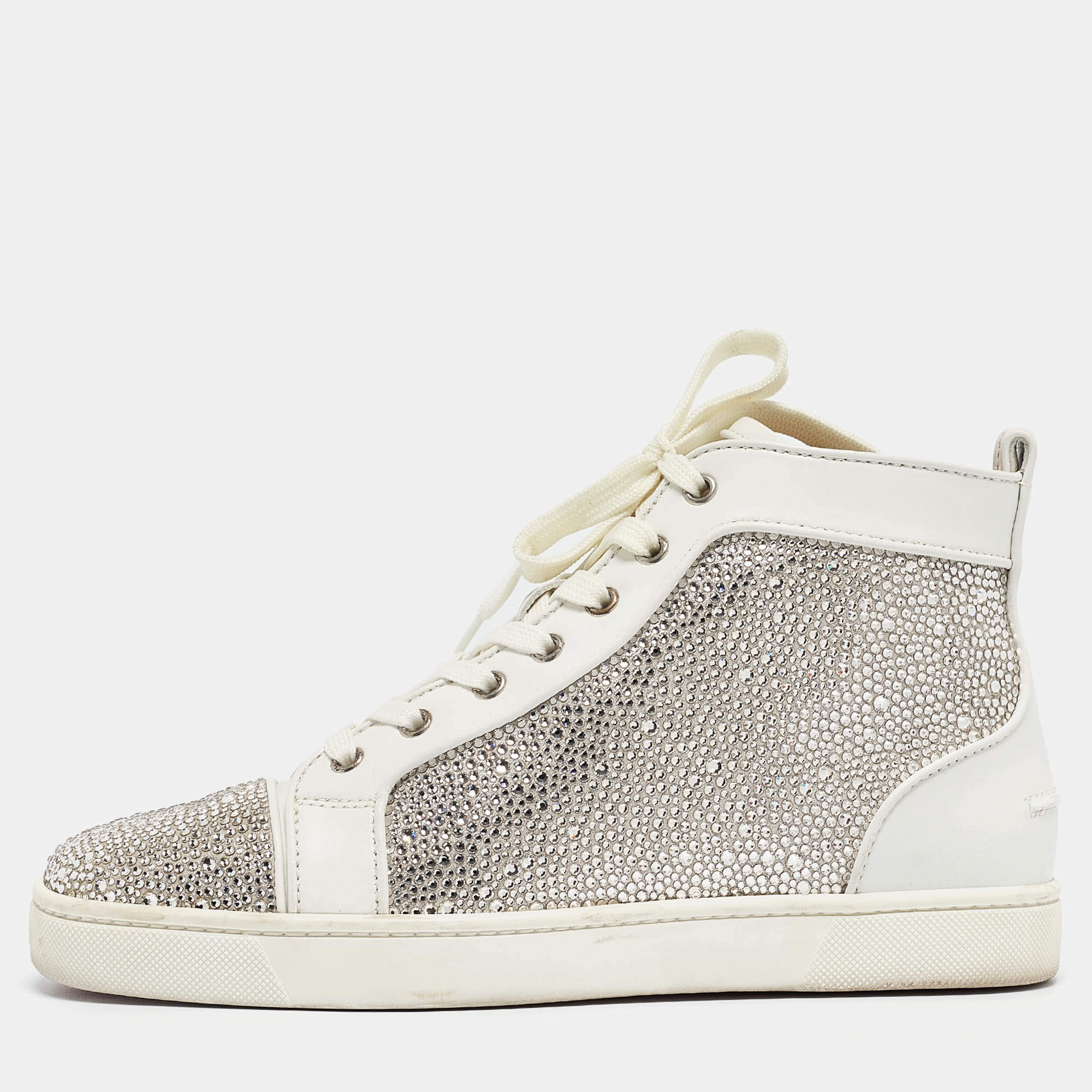 Pre Owned Christian Louboutin White Leather and Crystal Louis Strass High Top Sneakers Size 40