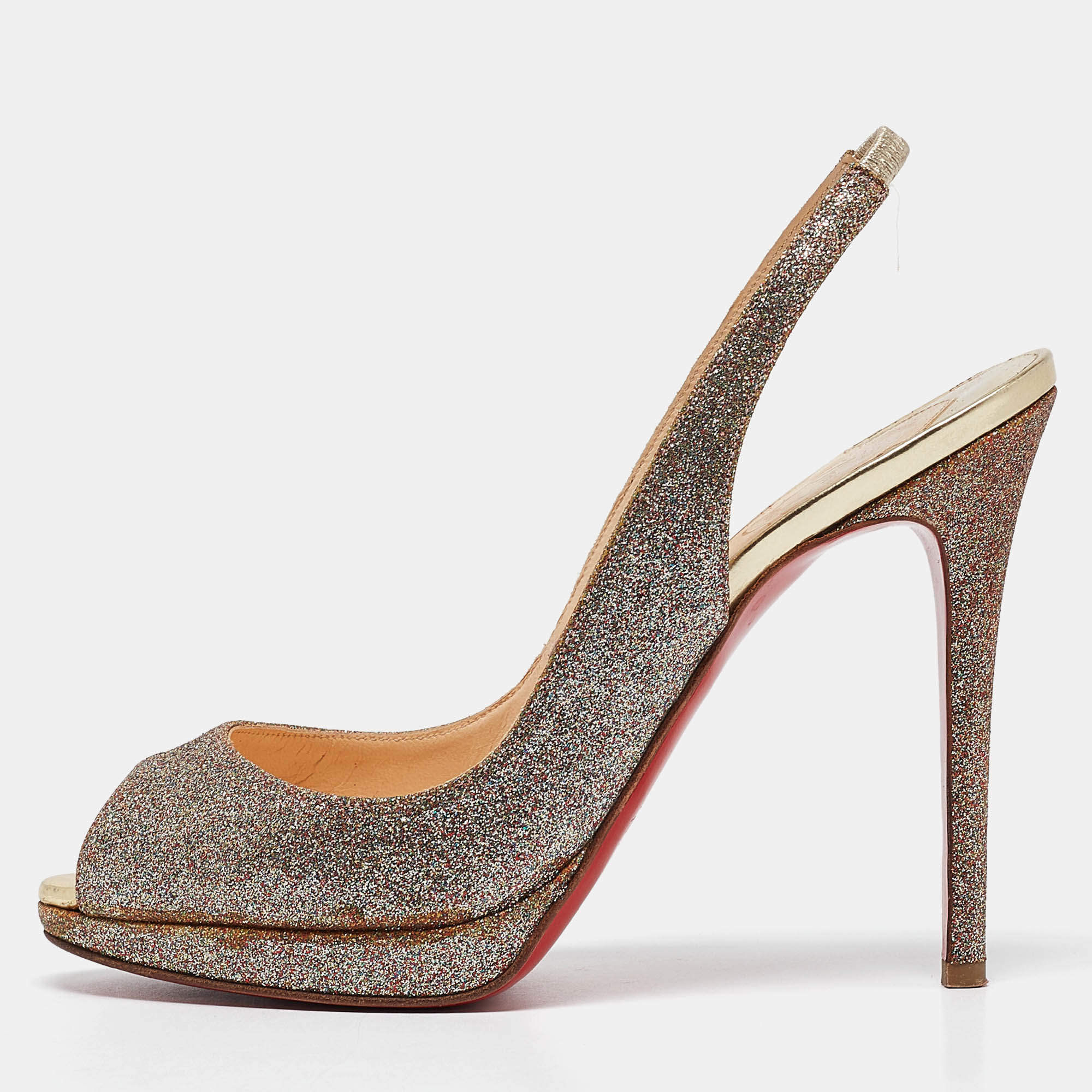 Christian Louboutin Metallic Glitter Platform Slingback Sandals Size 37