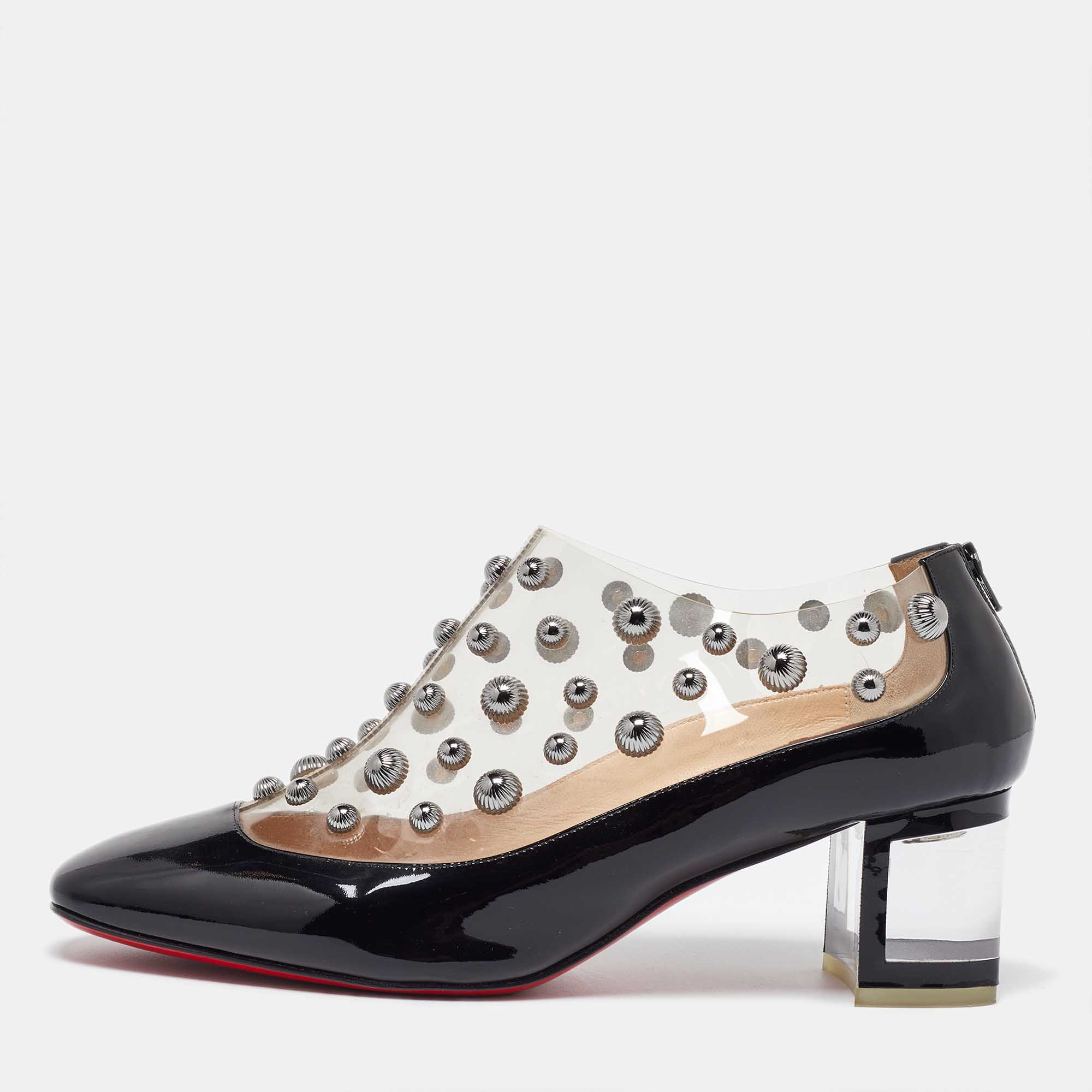 Pre Owned Christian Louboutin Black Patent Leather and PVC Space Odd Boots Size 40