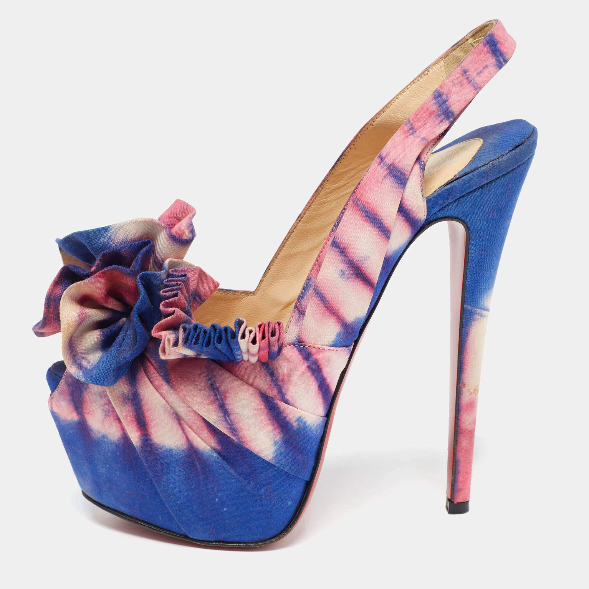 Christian Louboutin Blue/Pink Printed Fabric High Boubou Bazin Slingback Pumps Size 37