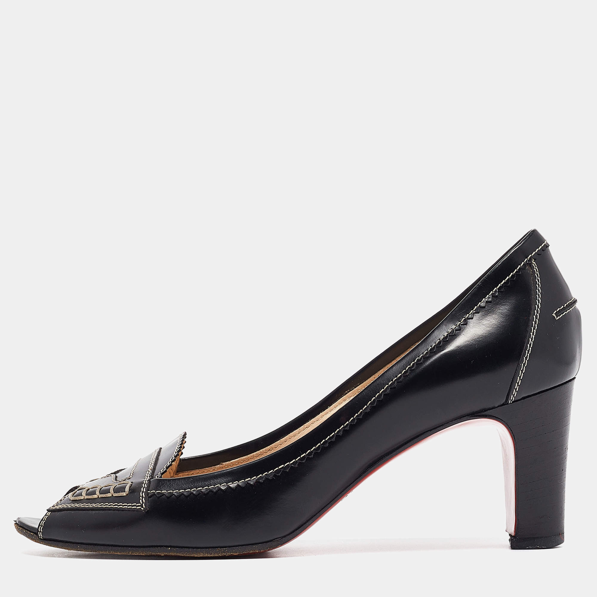 مملوكة مسبقًا Christian Louboutin Black Leather Peep Toe Pumps Size 38.5
