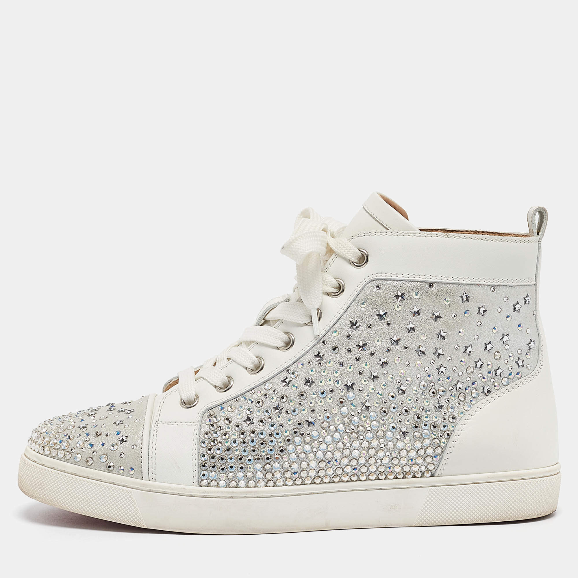 Christian Louboutin White/Grey Leather Crystal Embellished High Top Sneakers Size 38.5