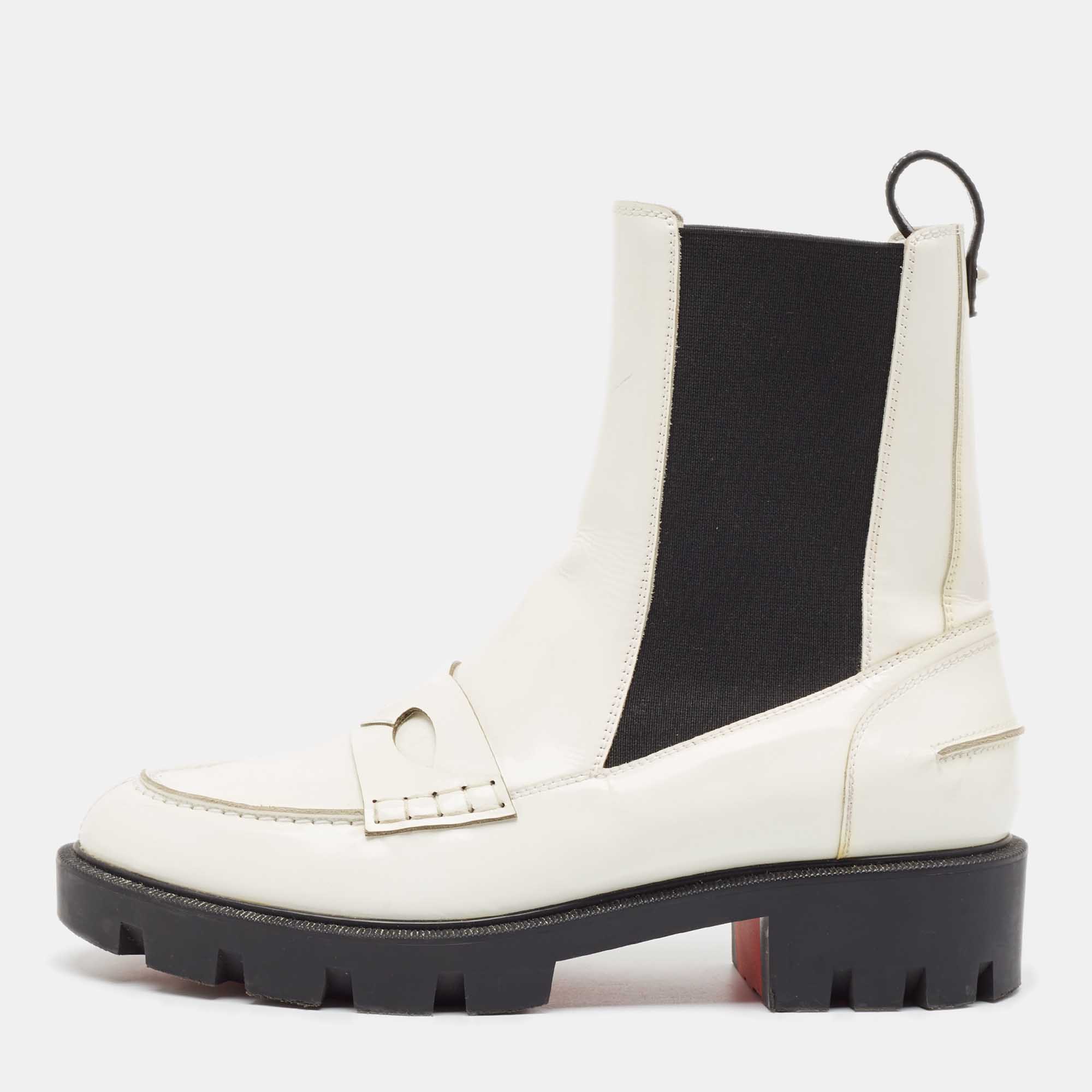 Pre Owned Christian Louboutin White Patent Leather Montezu Ankle Length Boots Size 38
