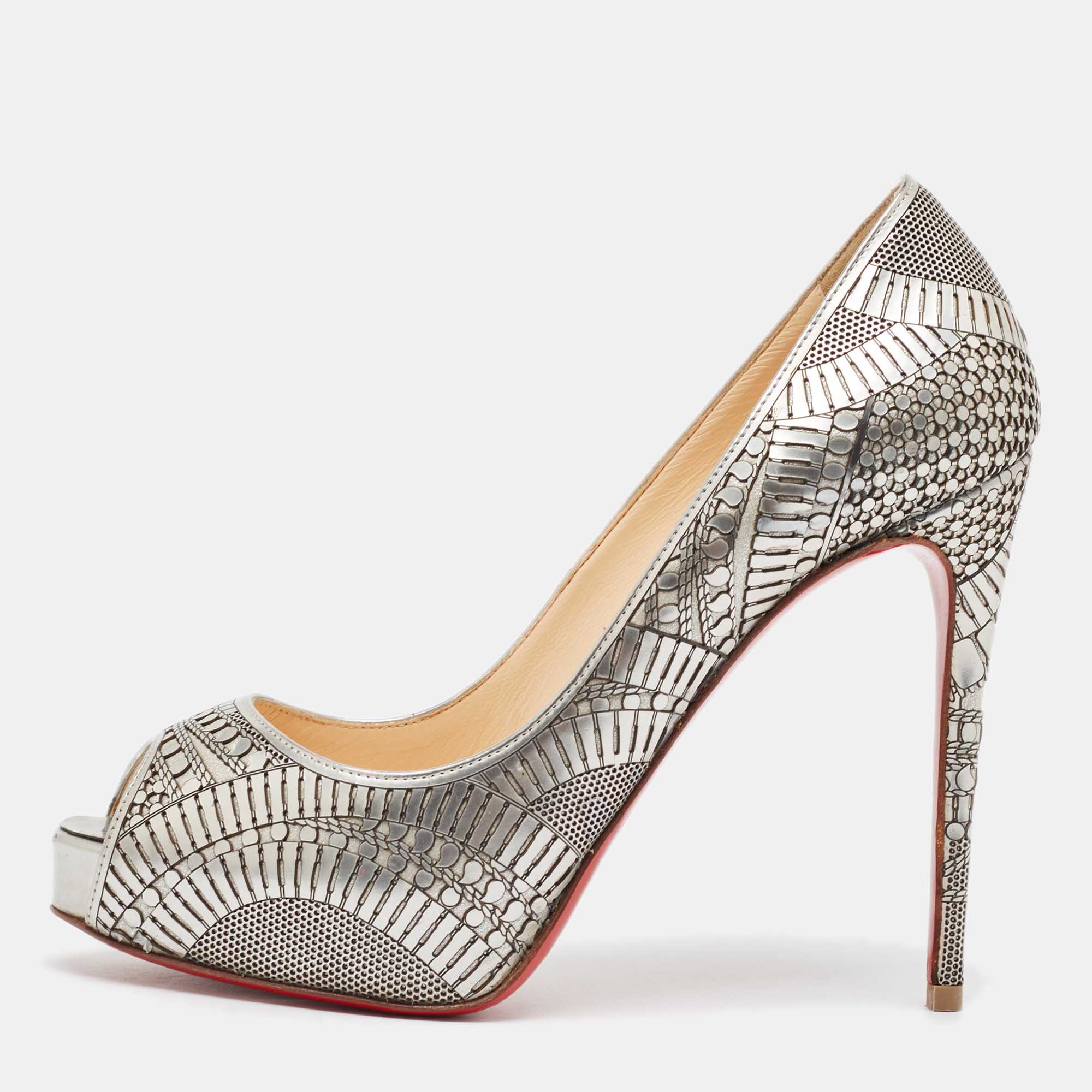 Pre Owned Christian Louboutin Grey Leather Suellena Platform Pumps 36.5