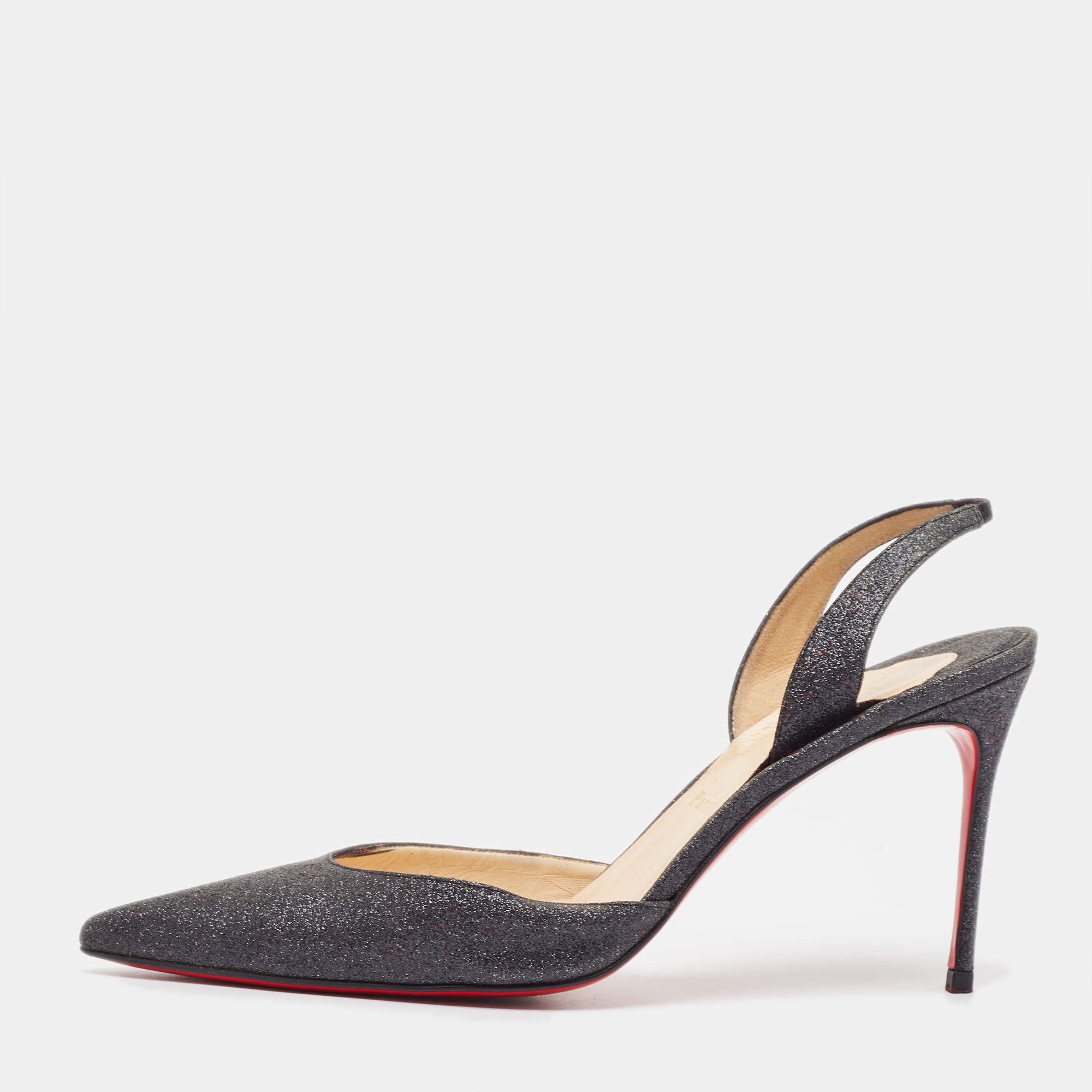 Pre Owned Christian Louboutin Black Glitter Slingback Pumps Size 40