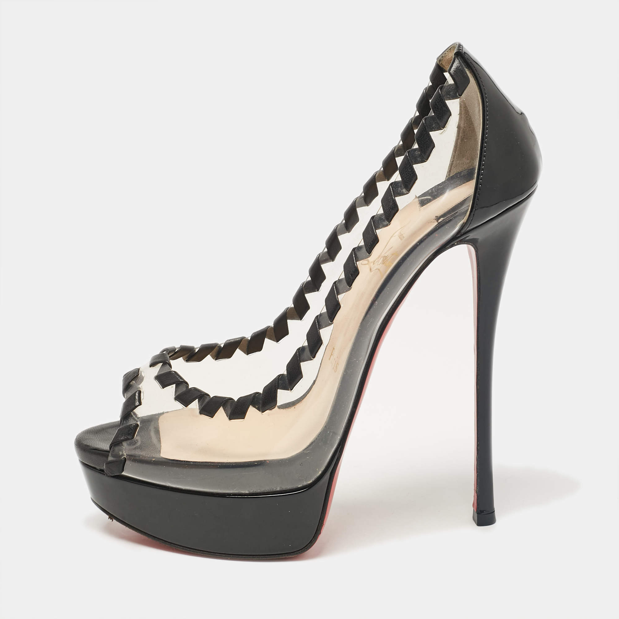 Christian Louboutin Transparent/Black PVC and Patent Fictoire Peep Toe Pumps Size 37