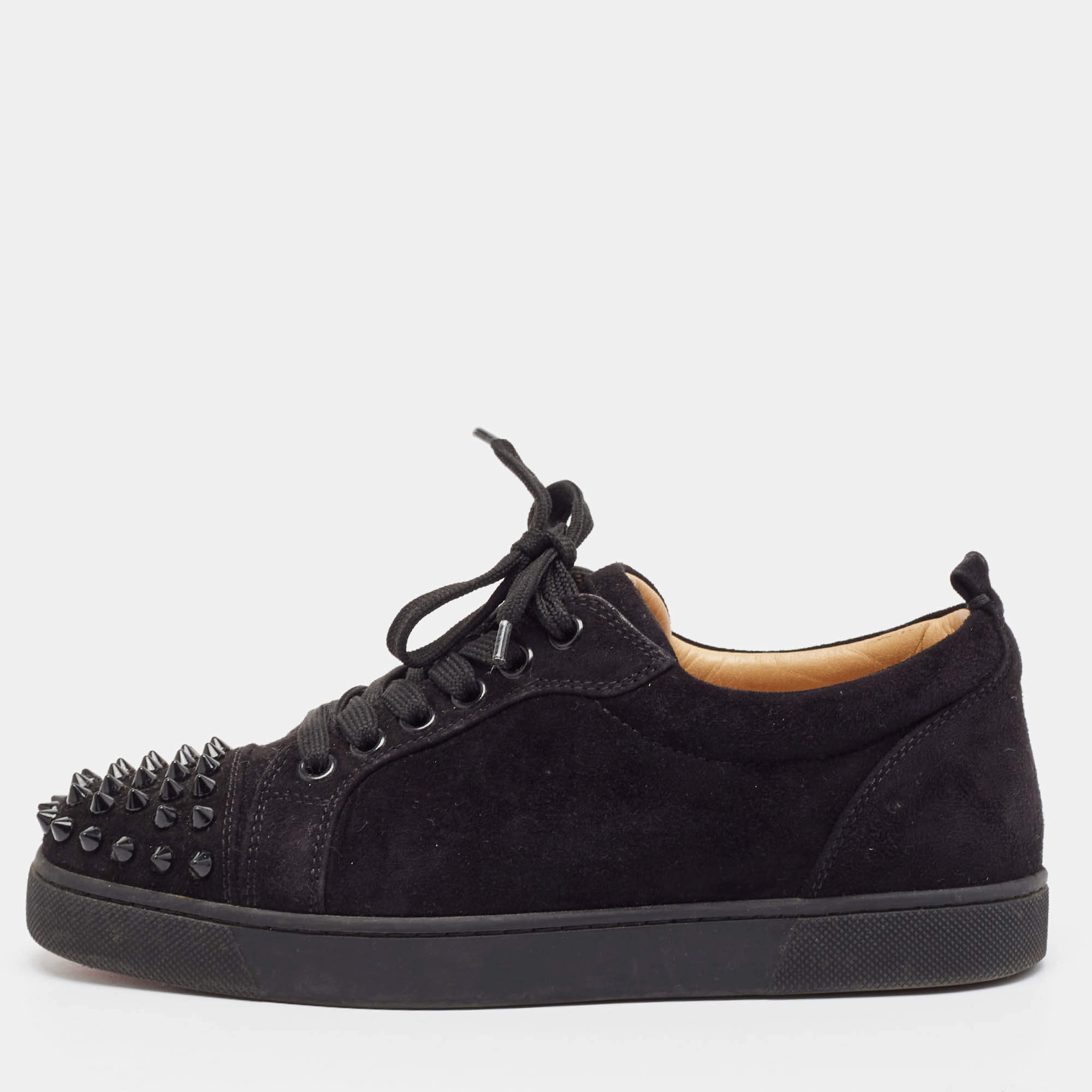 Pre Owned Christian Louboutin Black Suede Louis Junior Spikes Sneakers Size 36